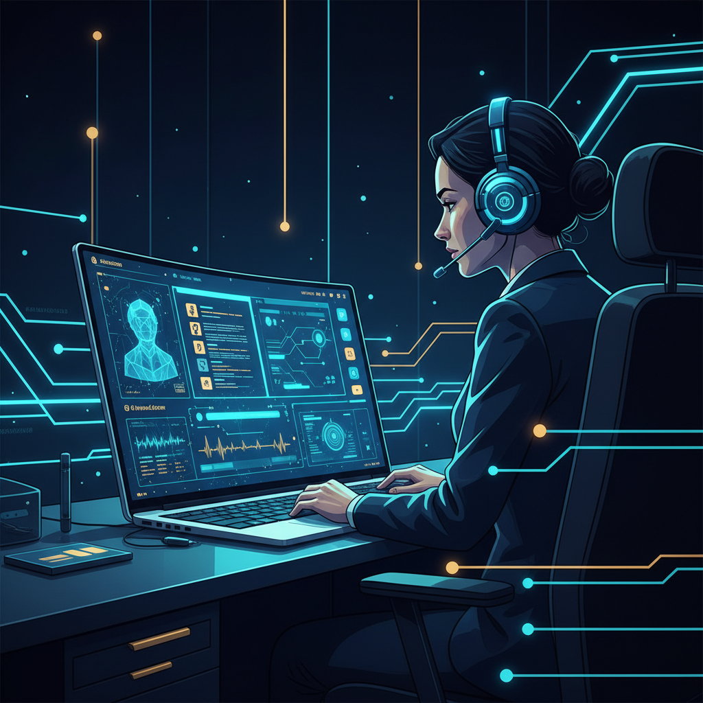 A modern, clean office setting with a customer service representative wearing a headset, looking... - AI Precision Marketing