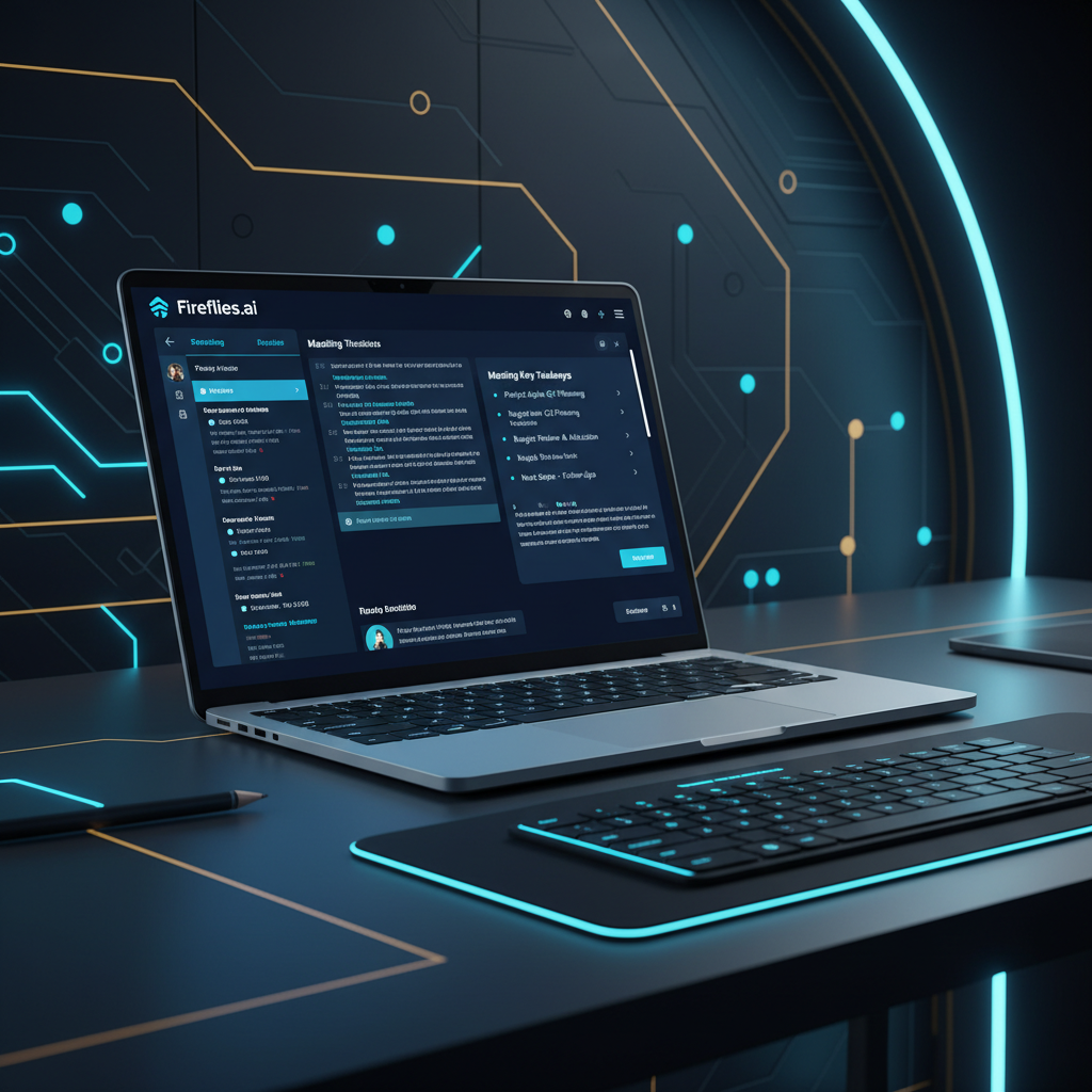 A modern tech workspace with a laptop displaying Fireflies.ai interface showing a meeting transcr... - AI Precision Marketing