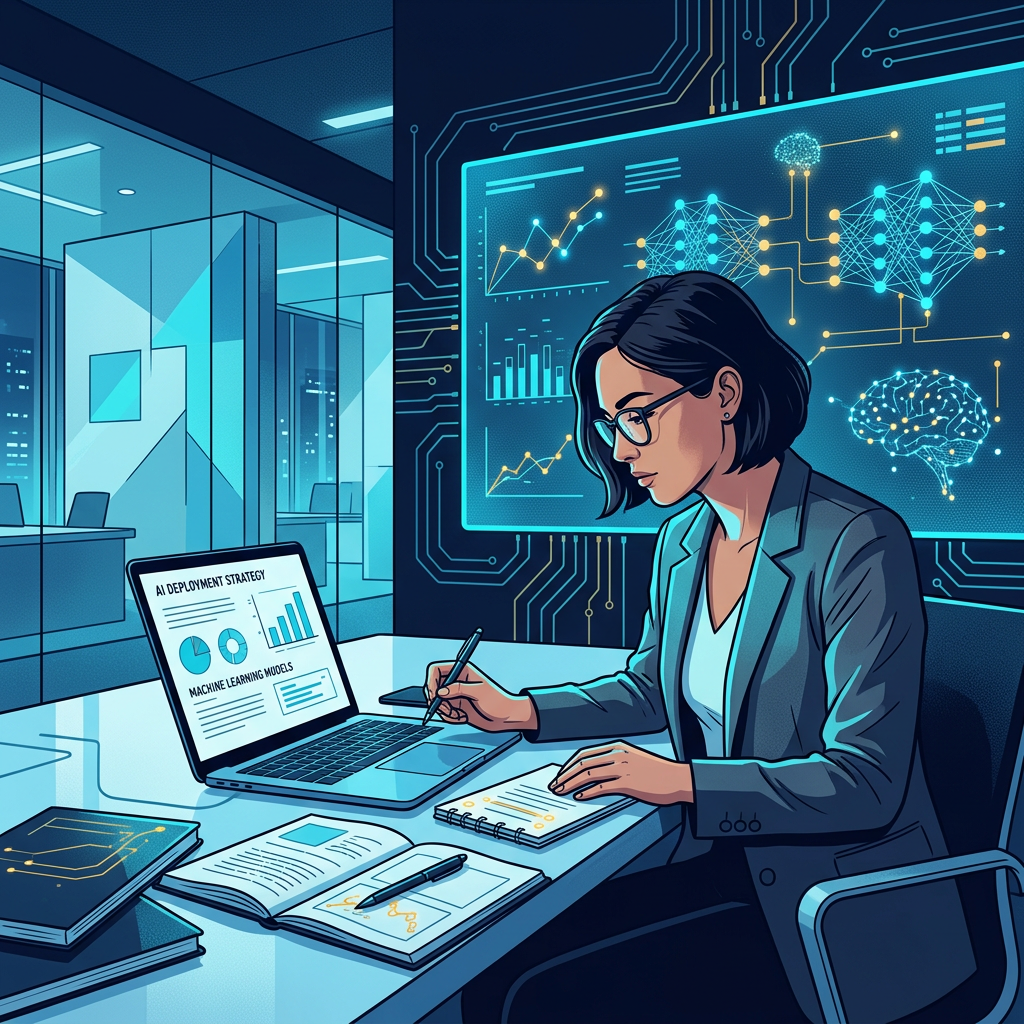 Modern tech workspace with a person thoughtfully reviewing AI implementation plans, clean office... - AI Precision Marketing