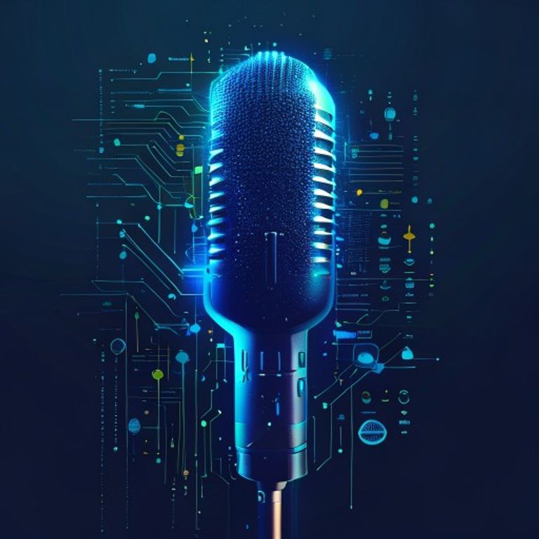 A microphone with digital sound waves transforming into podcast episode icons - AI Precision Marketing