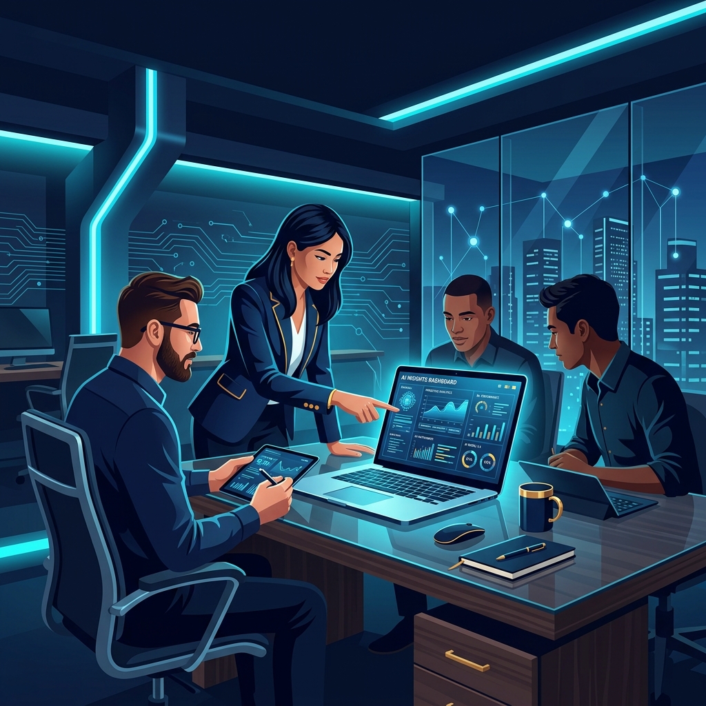 Modern office with laptop showing AI dashboard, business professionals collaborating in a clean w... - AI Precision Marketing