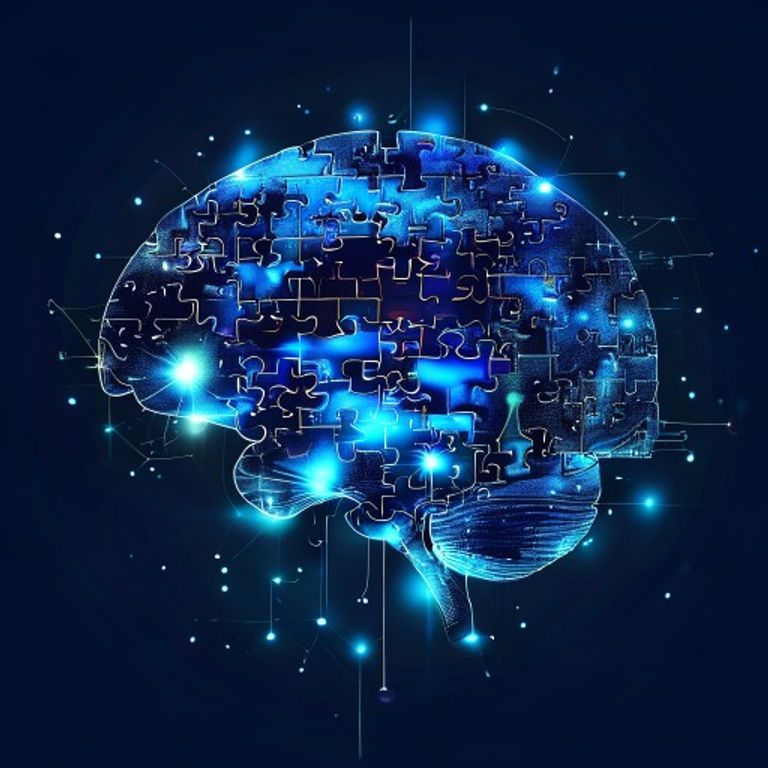 A network of interconnected puzzle pieces forming a brain shape, each piece glowing with its own... - AI Precision Marketing