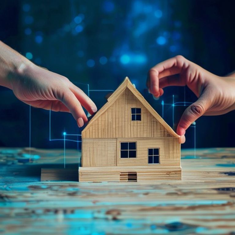 A sturdy, simple wooden toy block house being constructed quickly by a pair of human hands, repre... - AI Precision Marketing