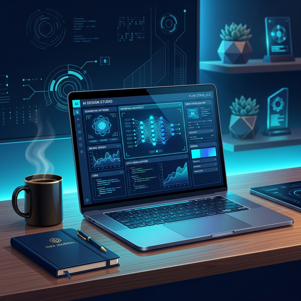 Modern tech workspace with laptop showing AI design interface, clean desk with coffee mug and not... - AI Precision Marketing
