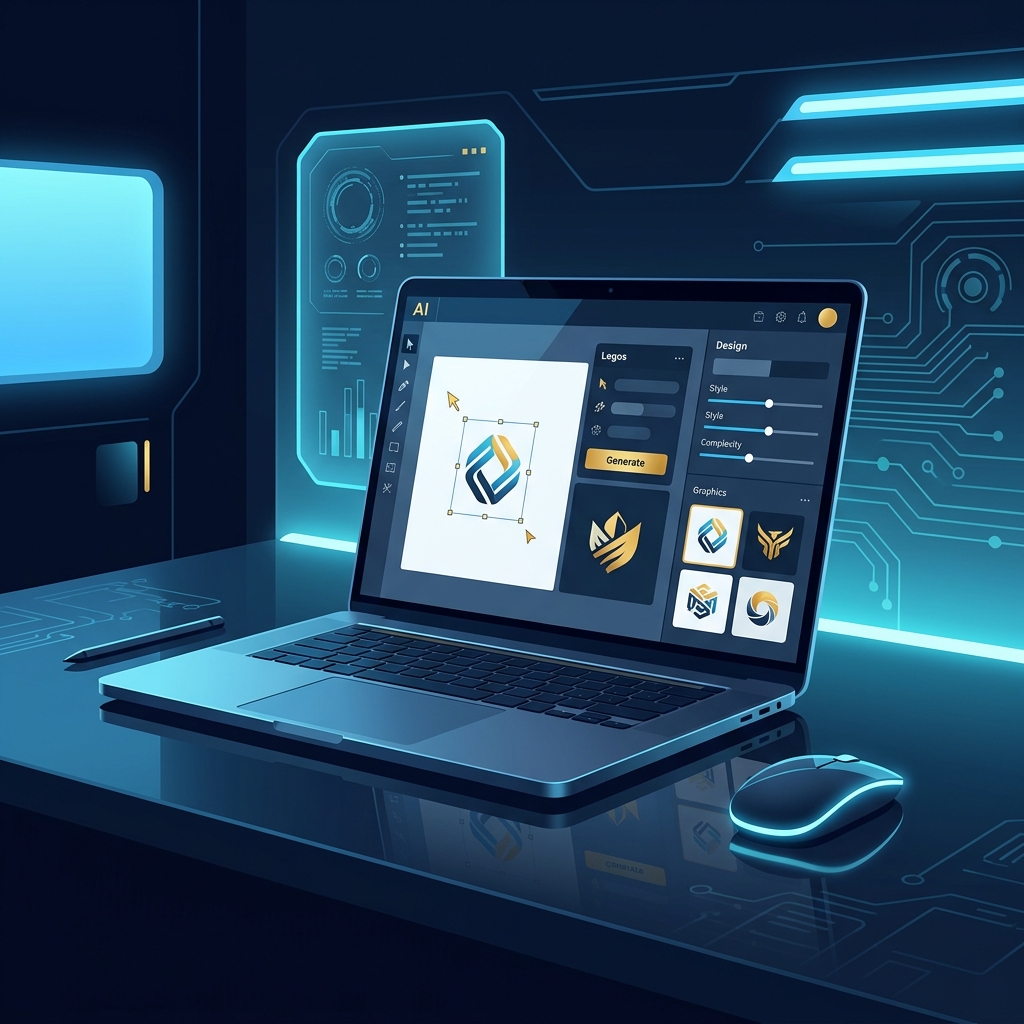 Clean workspace with laptop showing AI design interface creating logos and graphics - AI Precision Marketing