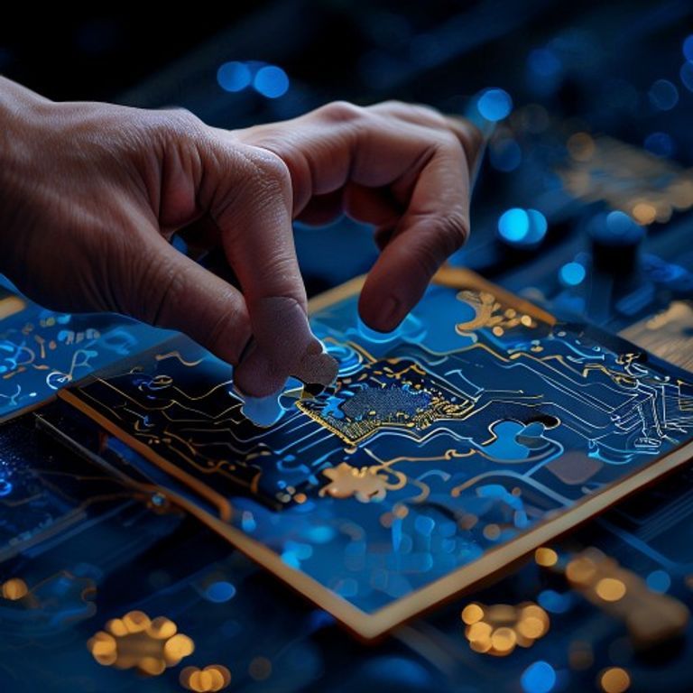 A human hand placing a puzzle piece with a circuit pattern into a traditional wooden puzzle, symb... - AI Precision Marketing