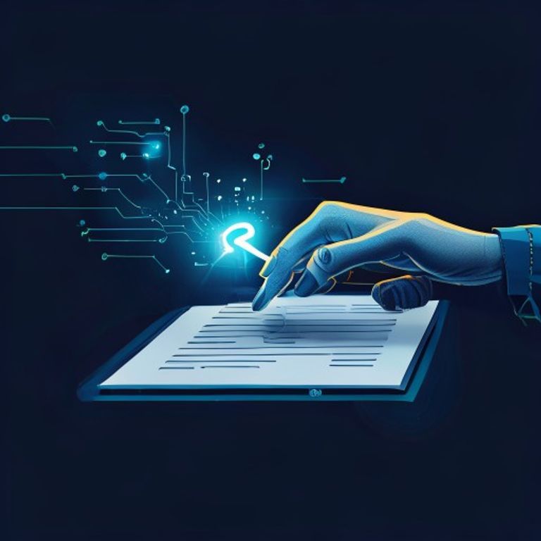 A human hand pointing to a document while a glowing cursor with a thinking icon automatically hig... - AI Precision Marketing