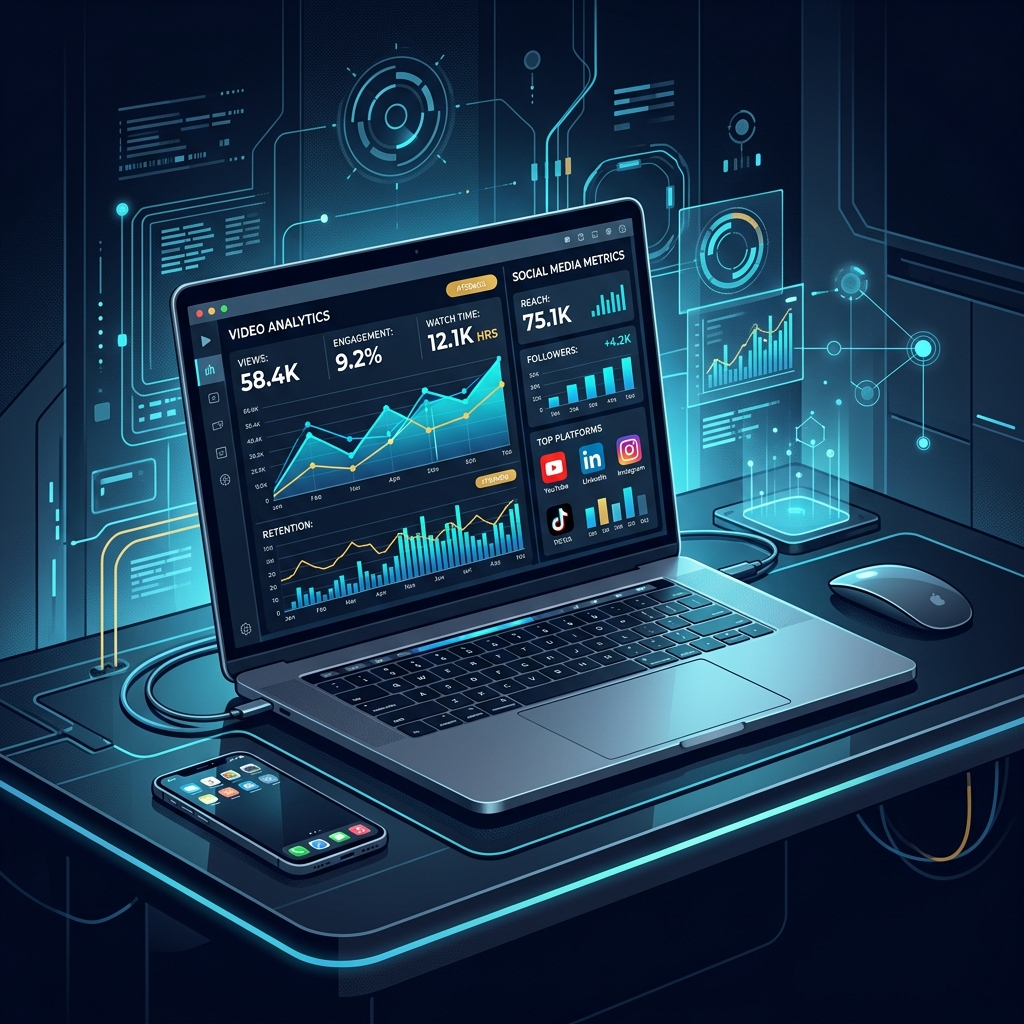 Modern tech workspace with laptop showing video analytics dashboard, social media metrics on screen - AI Precision Marketing