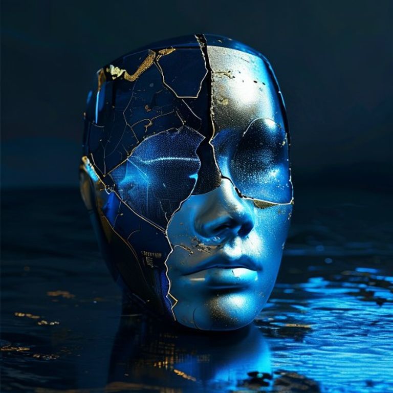 A fractured ceramic mask, half-human, half-digital, on a dark, polished surface, reflecting light - AI Precision Marketing