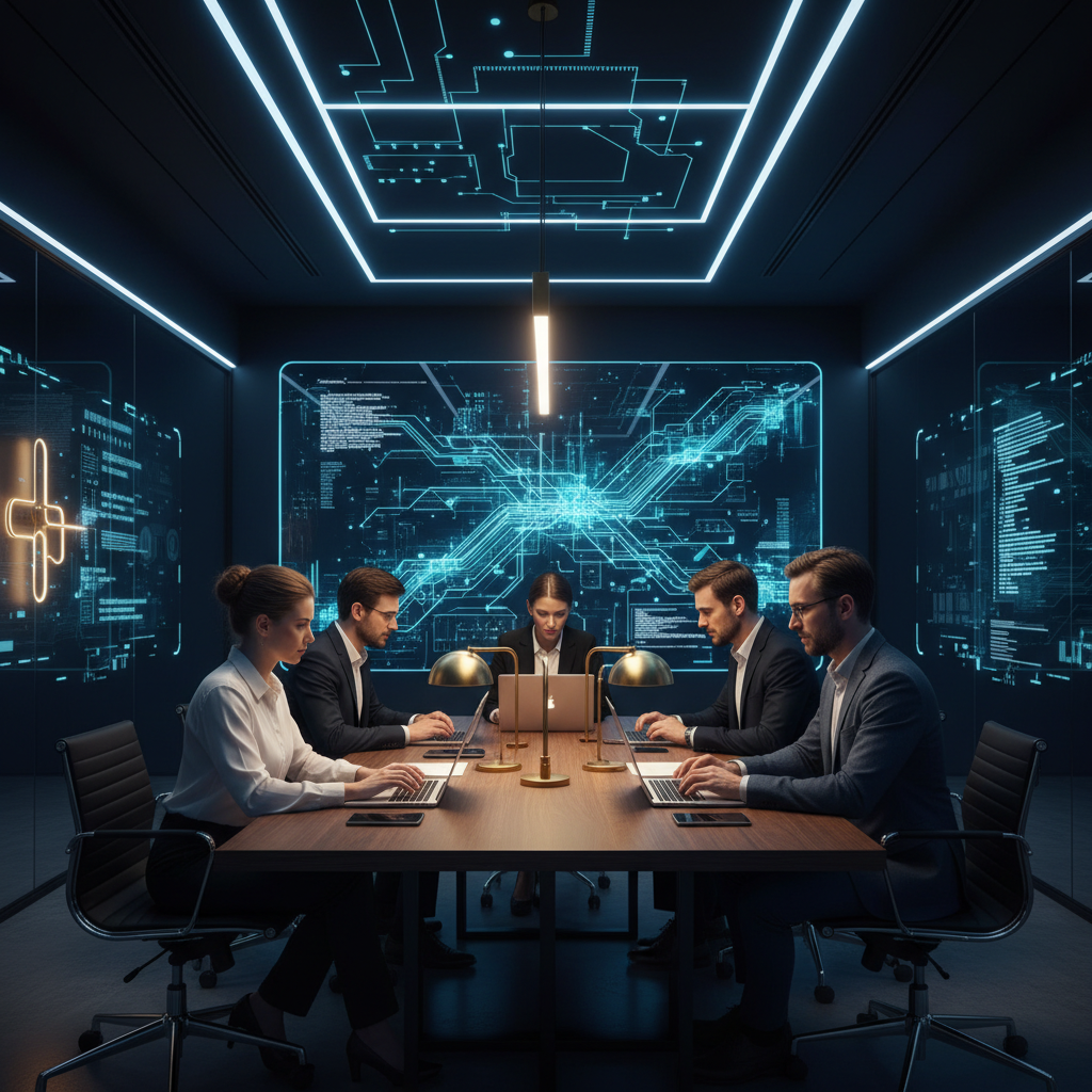 A clean, modern office space with a diverse team of professionals collaborating around a large sc... - AI Precision Marketing