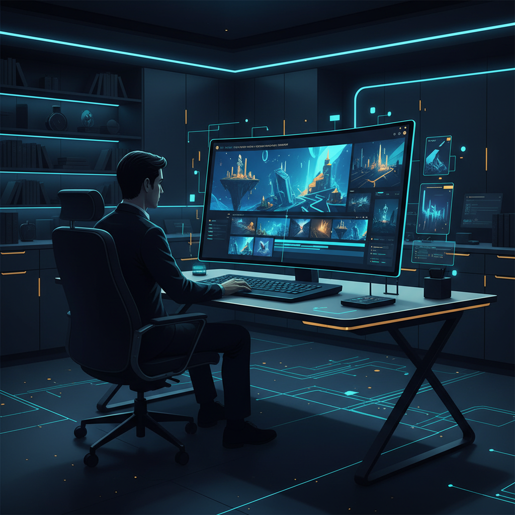 A person sitting at a desk, looking at a laptop screen showing a video editing interface with AI-... - AI Precision Marketing