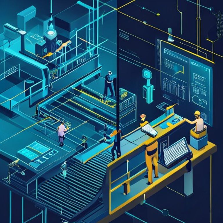 A split image showing a traditional factory conveyor belt on the left and a human-AI collaboratio... - AI Precision Marketing
