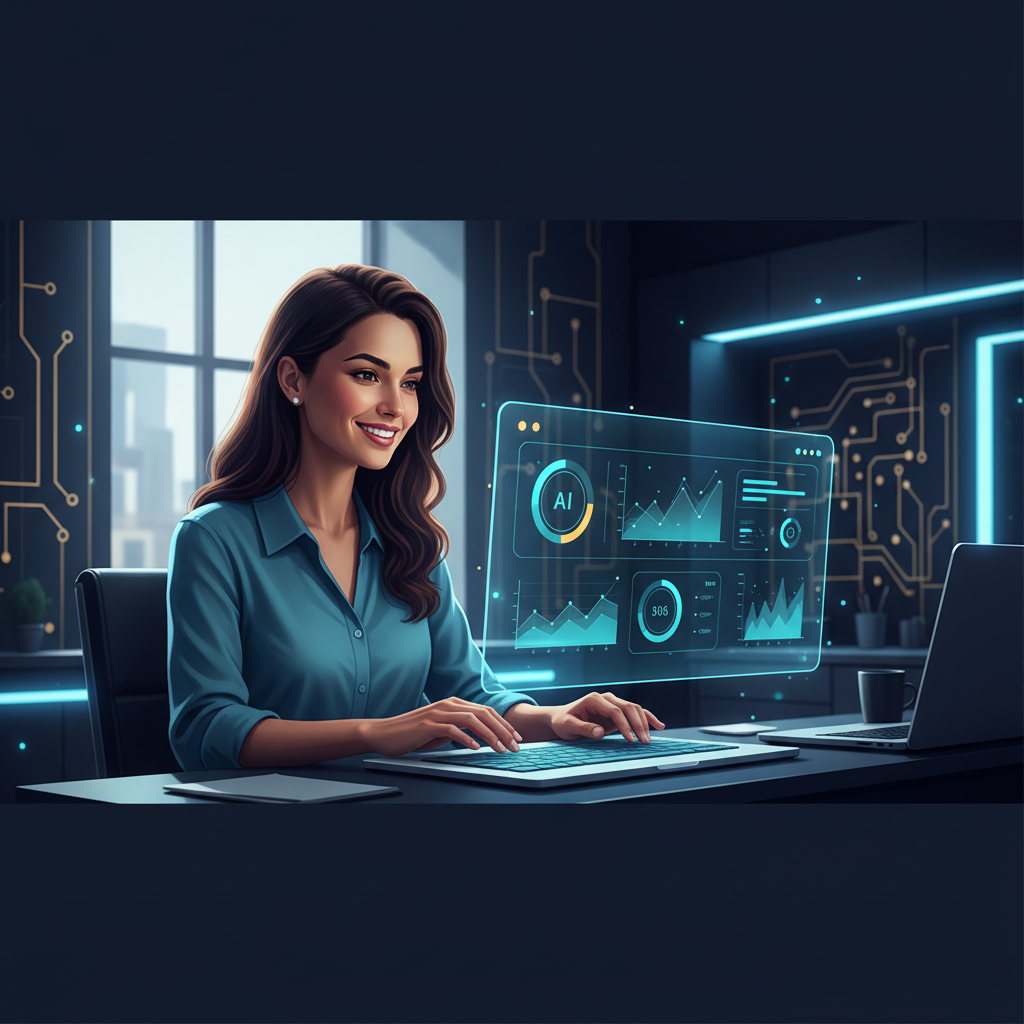 A small business owner smiling, looking at a laptop screen displaying a simple, intuitive AI dash... - AI Precision Marketing