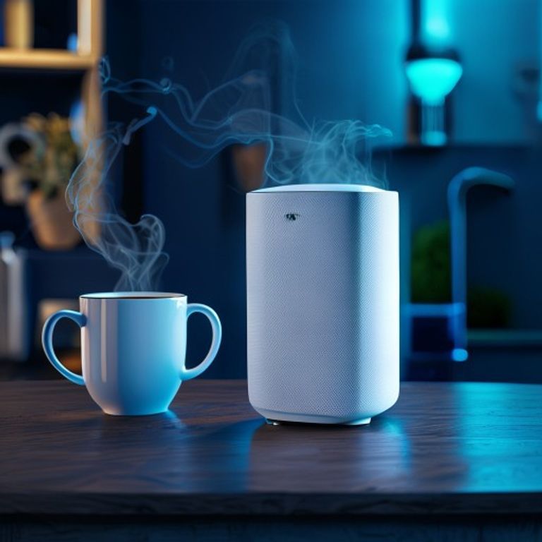 A sleek white smart speaker on a wooden kitchen counter beside a steaming coffee mug - AI Precision Marketing