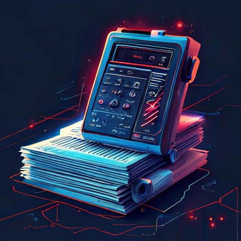 A handheld recorder beside a stack of printed transcripts with red pen marks - AI Precision Marketing