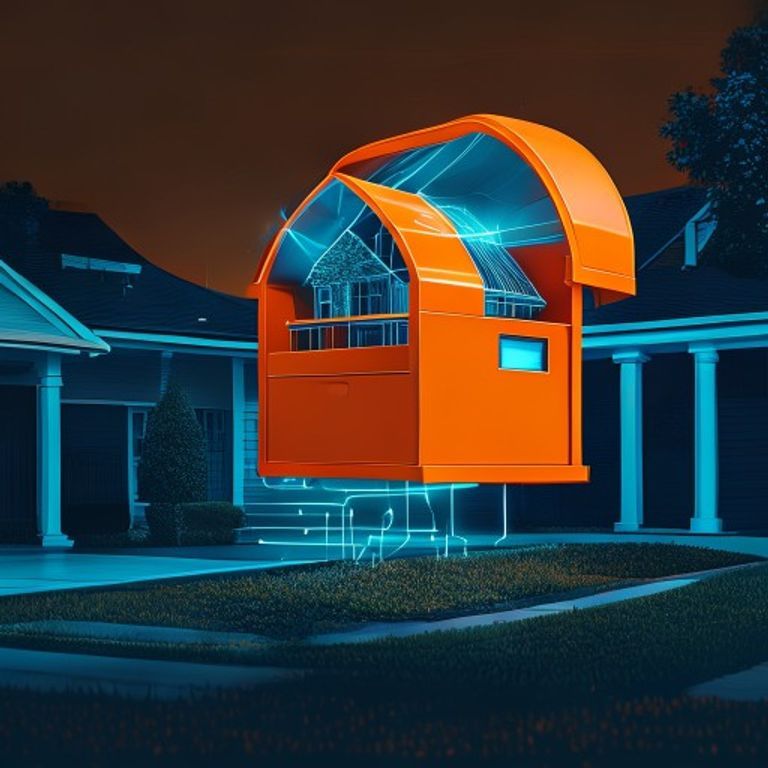 A bright orange mailbox opening to reveal a floating 3‑D house model hovering above a suburban fr... - AI Precision Marketing