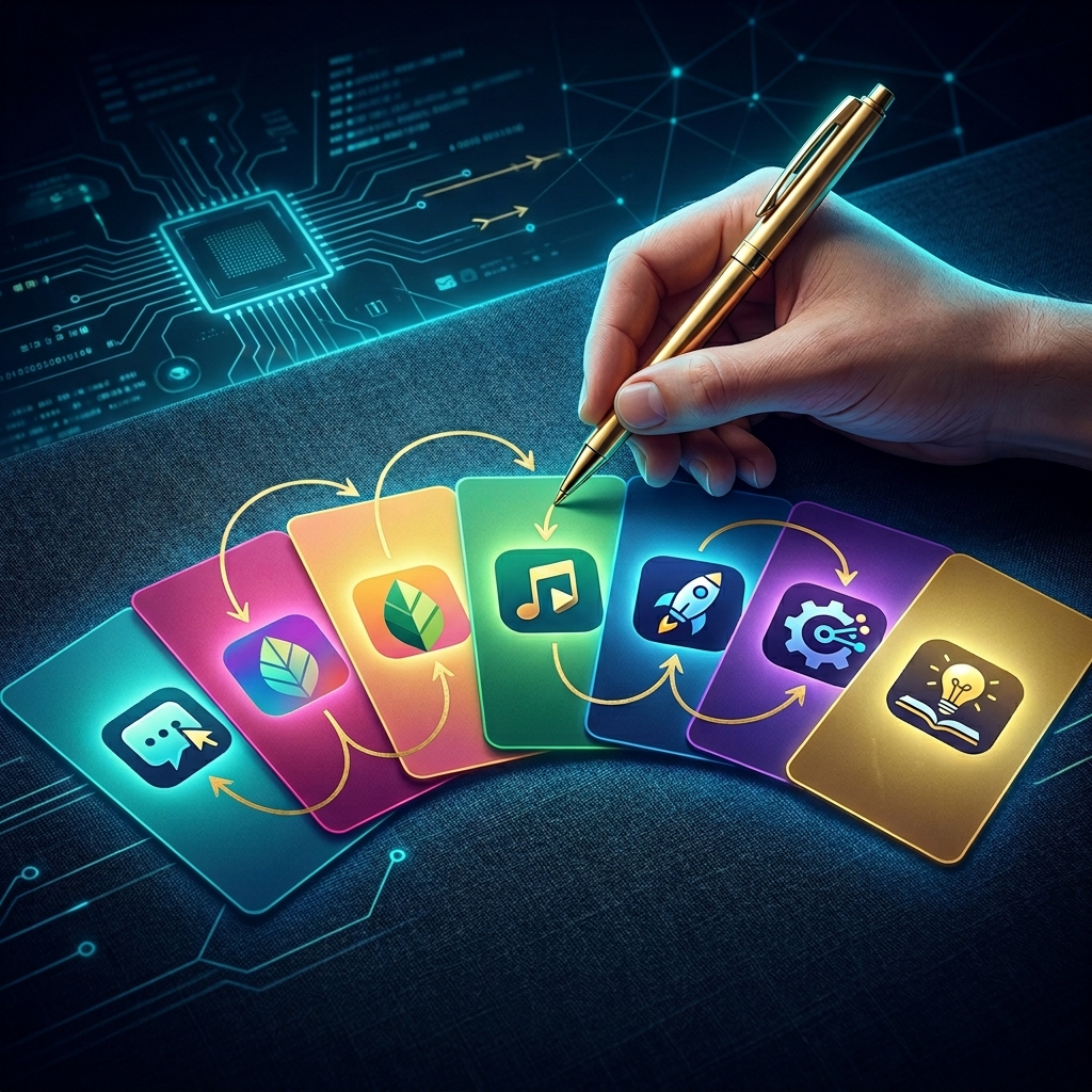 A row of colorful index cards fanned out on a linen table, each card displaying a different app l... - AI Precision Marketing