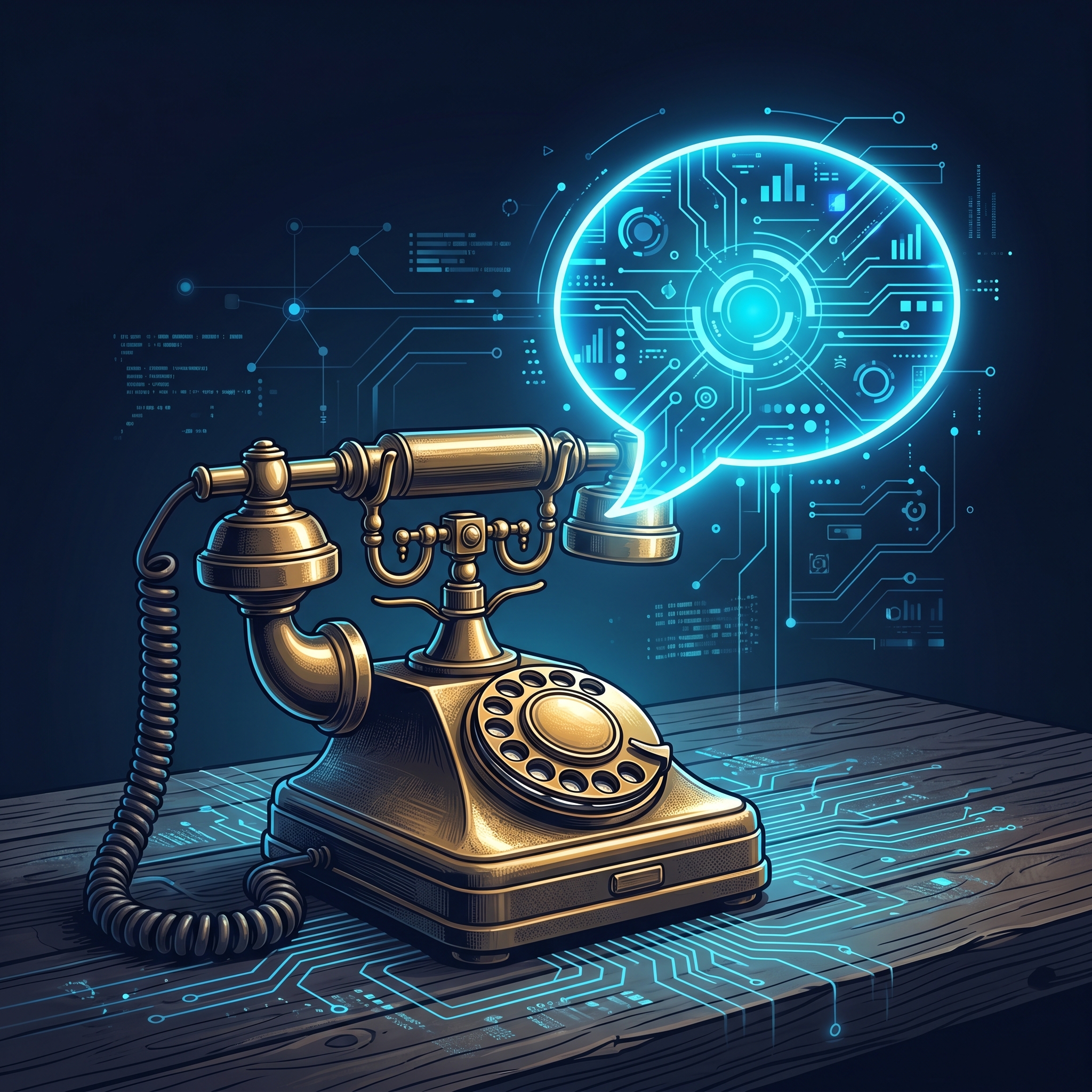A vintage brass telephone with a glowing speech bubble emerging from its mouthpiece, placed on a... - AI Precision Marketing