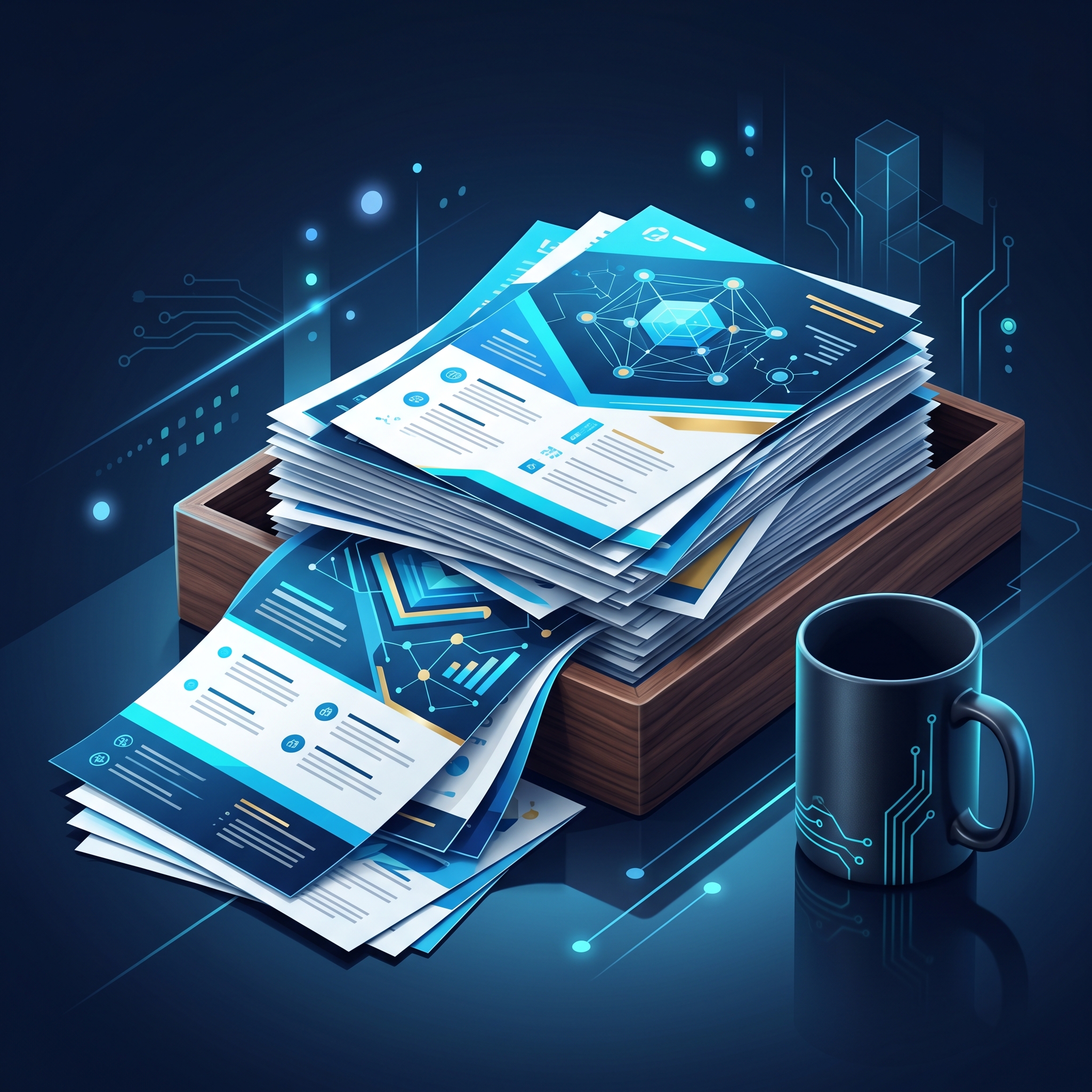 A stack of freshly printed business flyers spilling out of a wooden tray beside a coffee mug - AI Precision Marketing