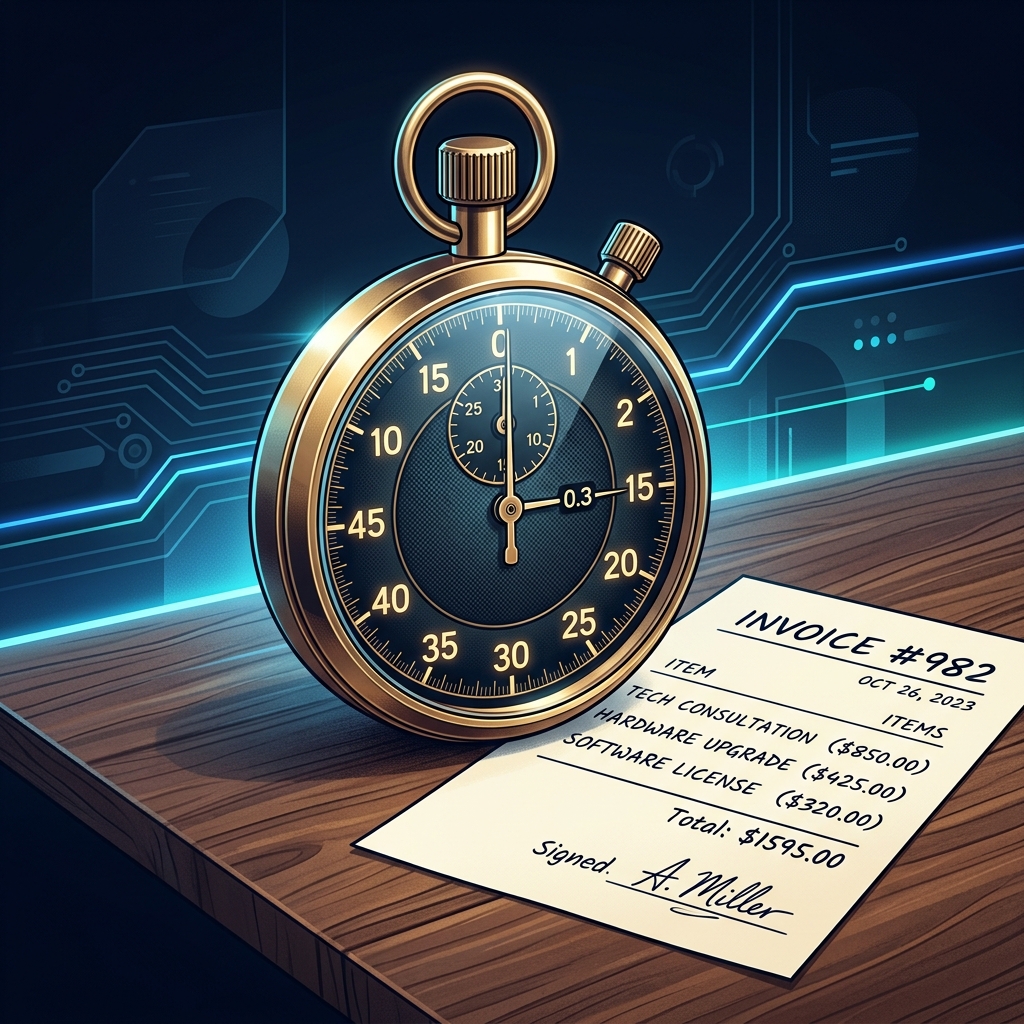 A sleek brass stopwatch with its hand frozen at 0.3 seconds, sitting on a walnut desk beside a ha... - AI Precision Marketing