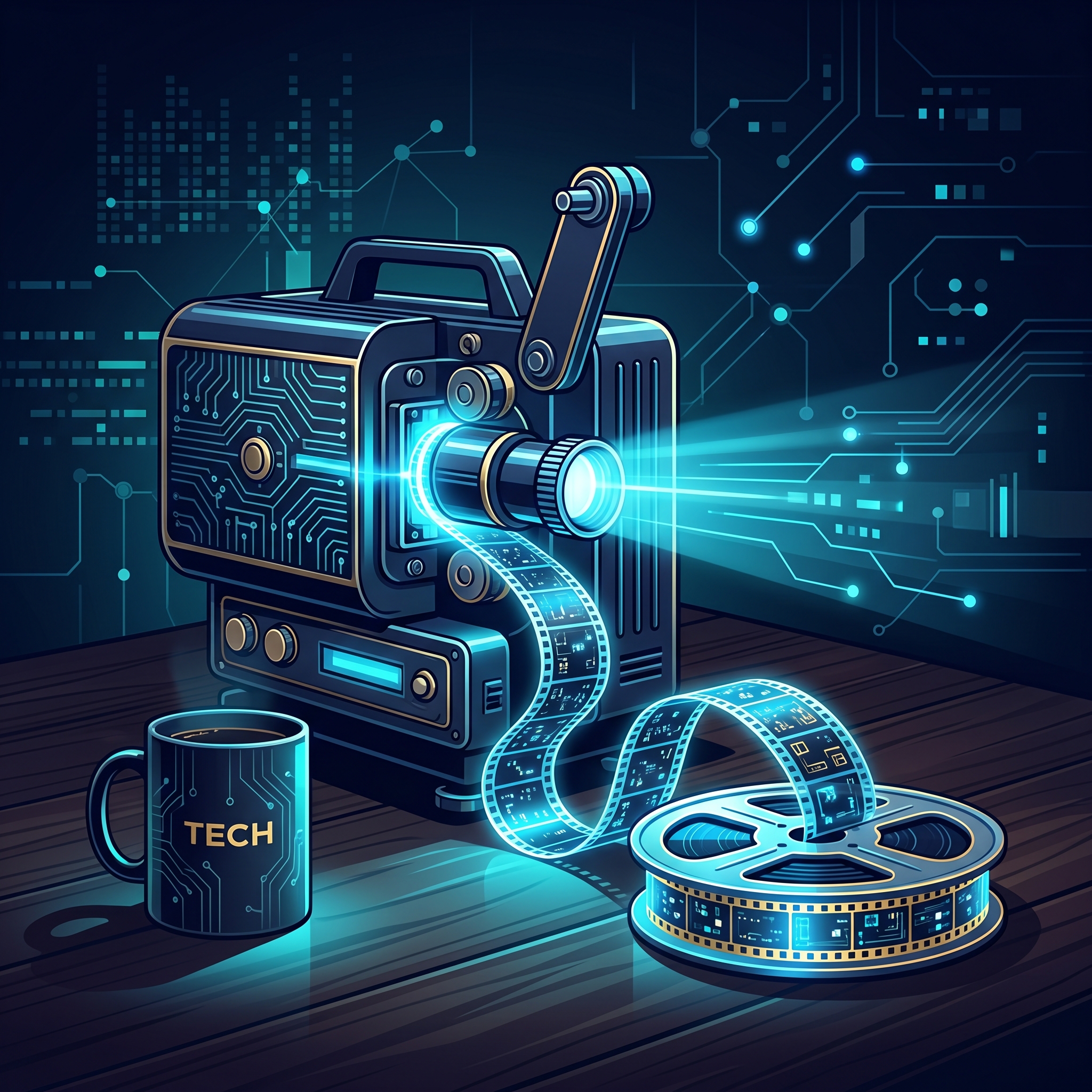 A vintage film projector spitting out a bright, finished video reel onto a wooden table beside a... - AI Precision Marketing