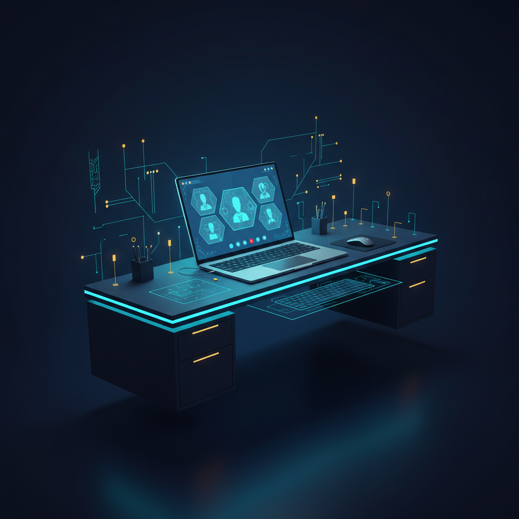 Modern office desk with laptop showing video meeting interface, professional lighting, clean mini... - AI Precision Marketing