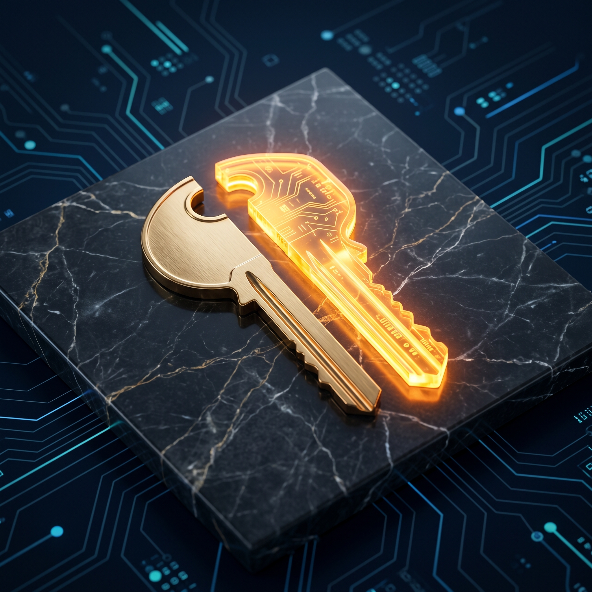 A polished brass key split in half on a dark marble slab, with one side glowing amber to symboliz... - AI Precision Marketing