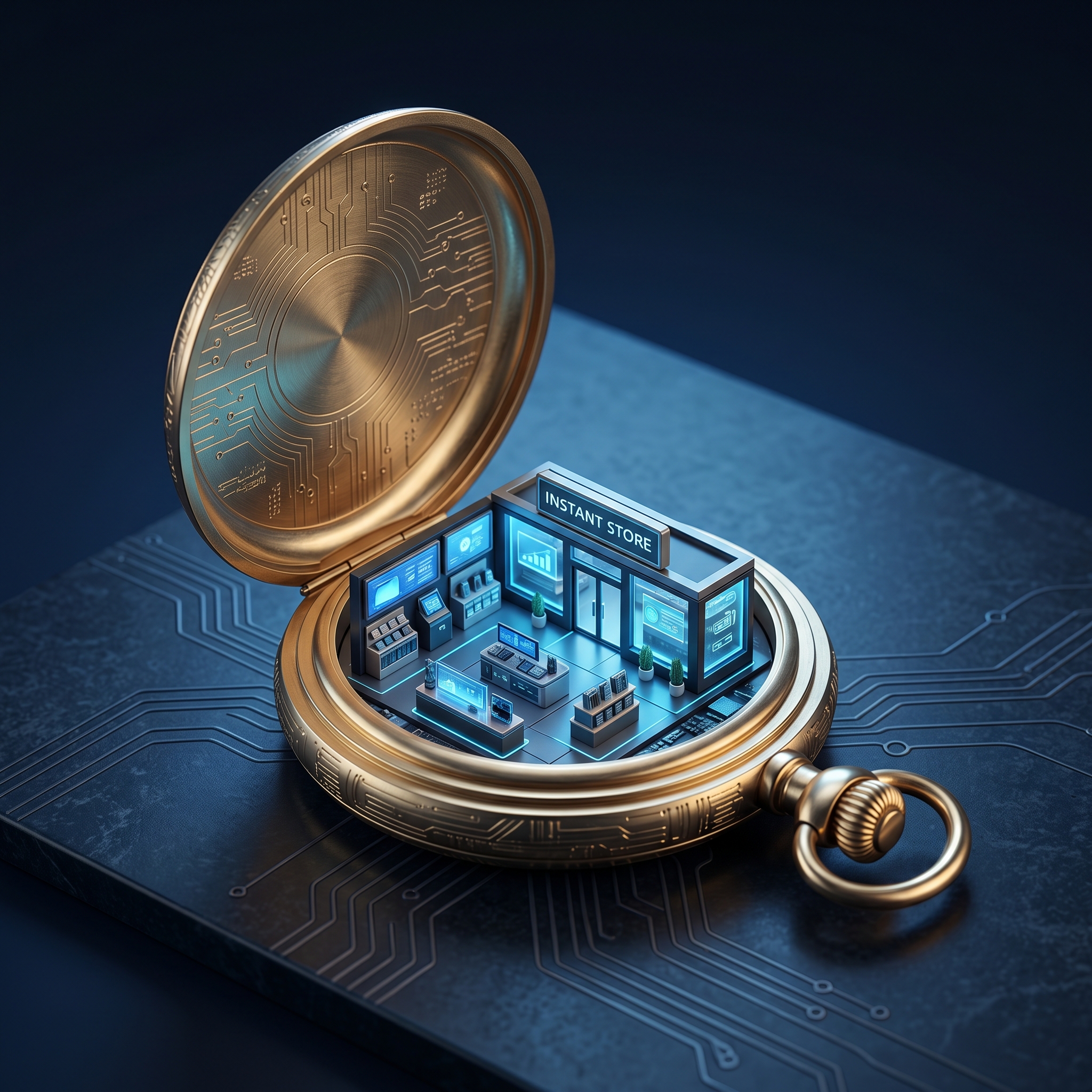 A sleek brass pocket watch opened to reveal a miniature fully built storefront inside, symbolizin... - AI Precision Marketing