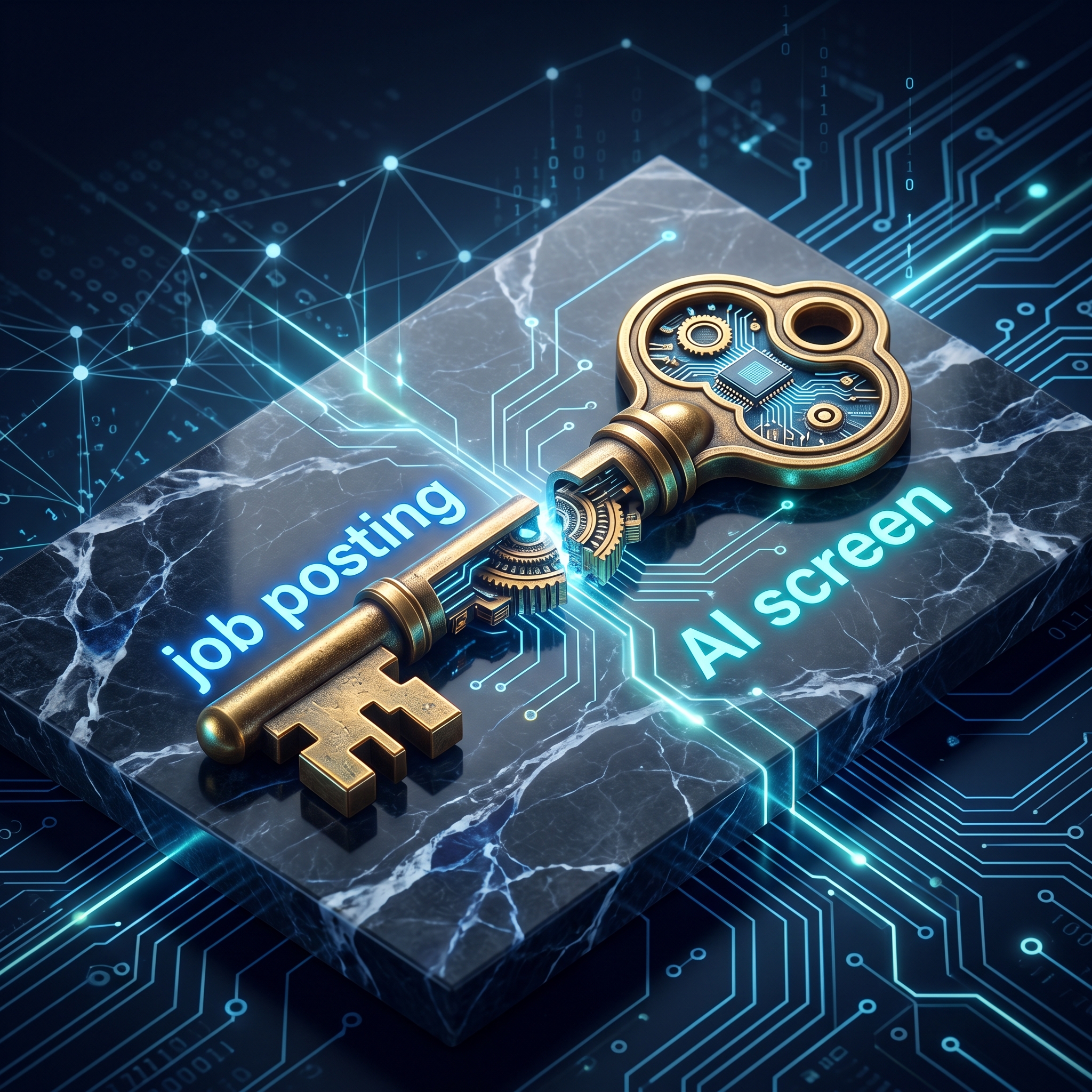 A brass key split in half on a marble slab, one side labeled 'job posting' and the other 'AI screen' - AI Precision Marketing