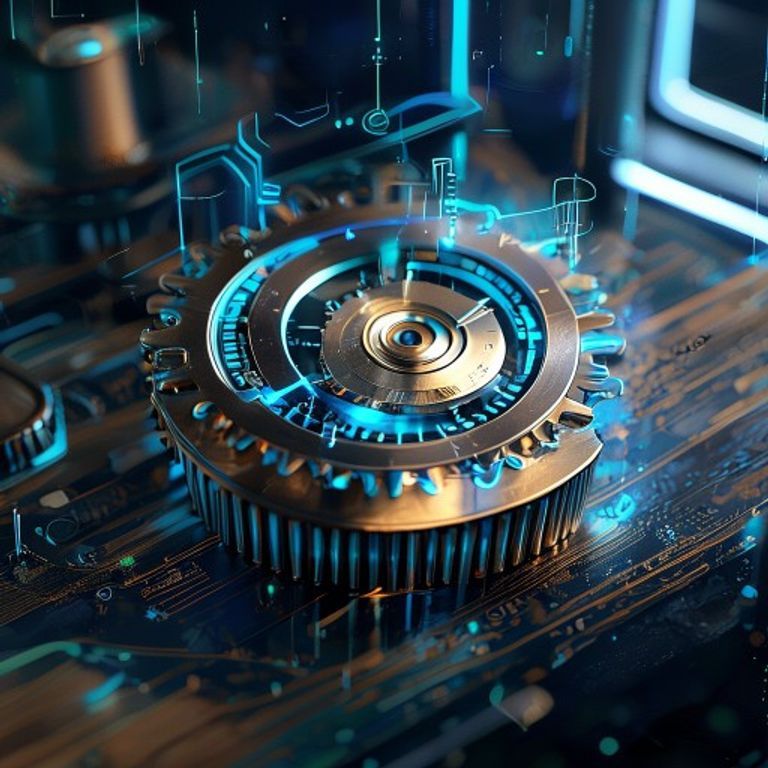A brass gear with smaller gears orbiting it on a wooden workbench - AI Precision Marketing
