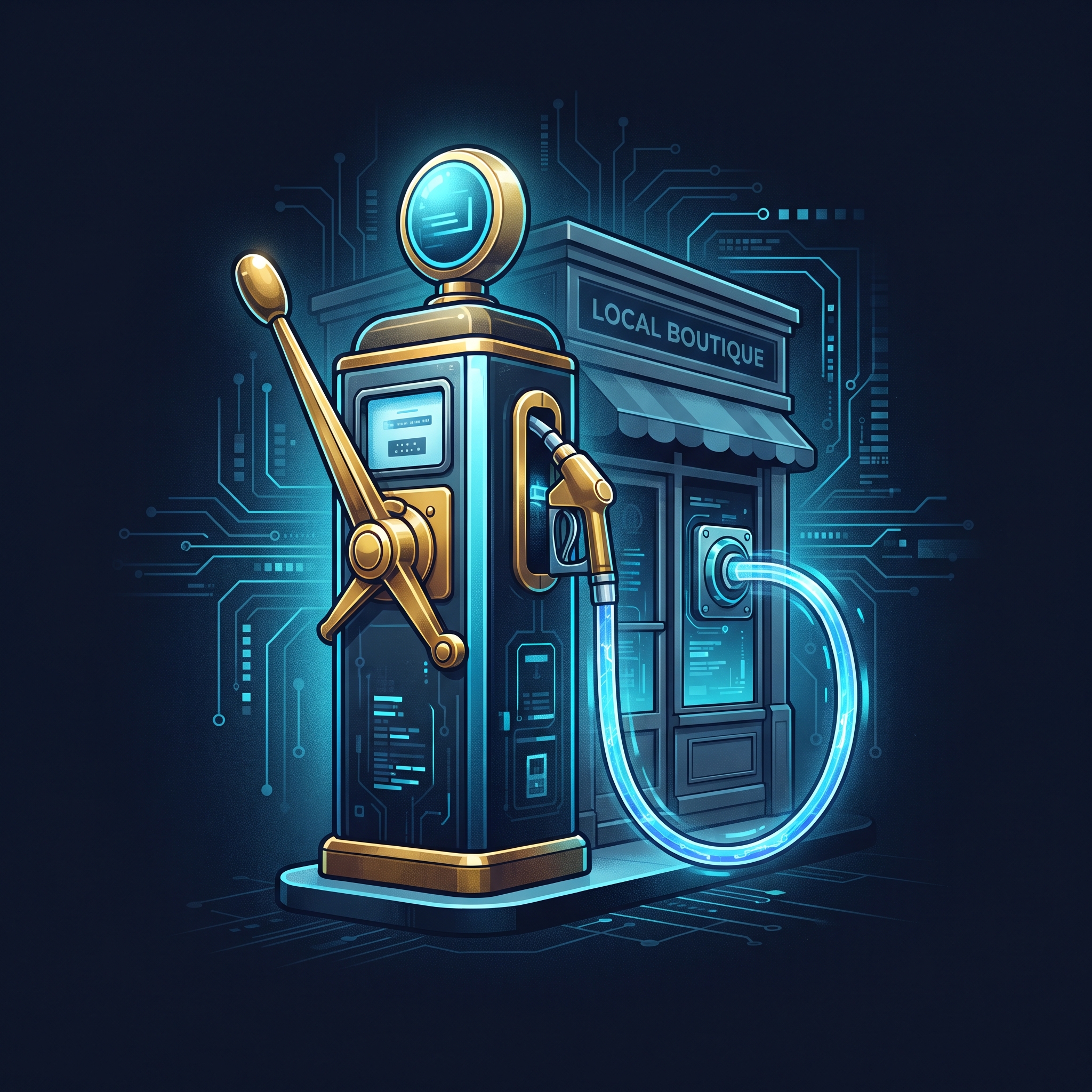 A brass lever attached to a vintage gas pump, symbolizing cheap AI power being pumped into a smal... - AI Precision Marketing