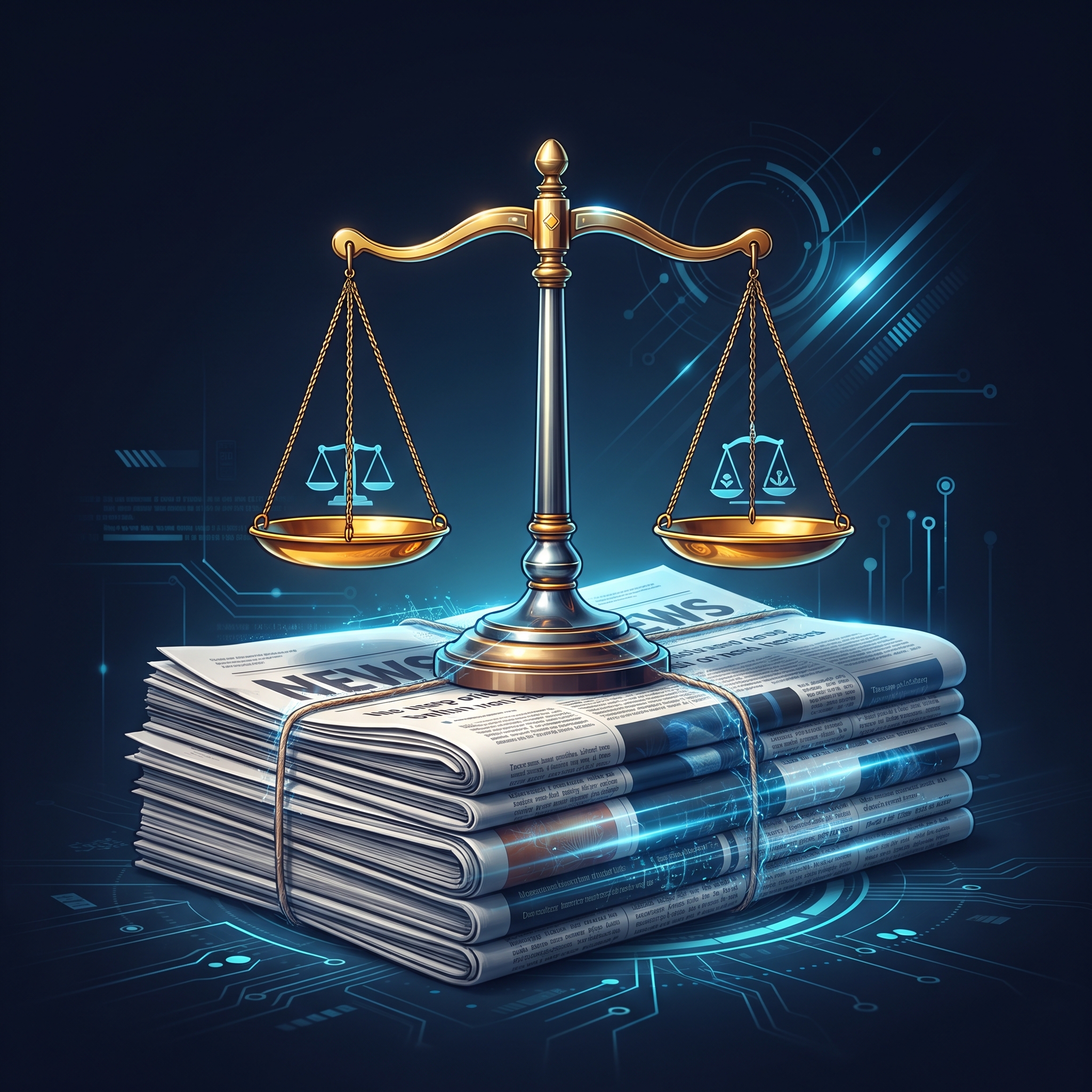 A brass scale of justice balanced on a stack of newspaper bundles - AI Precision Marketing