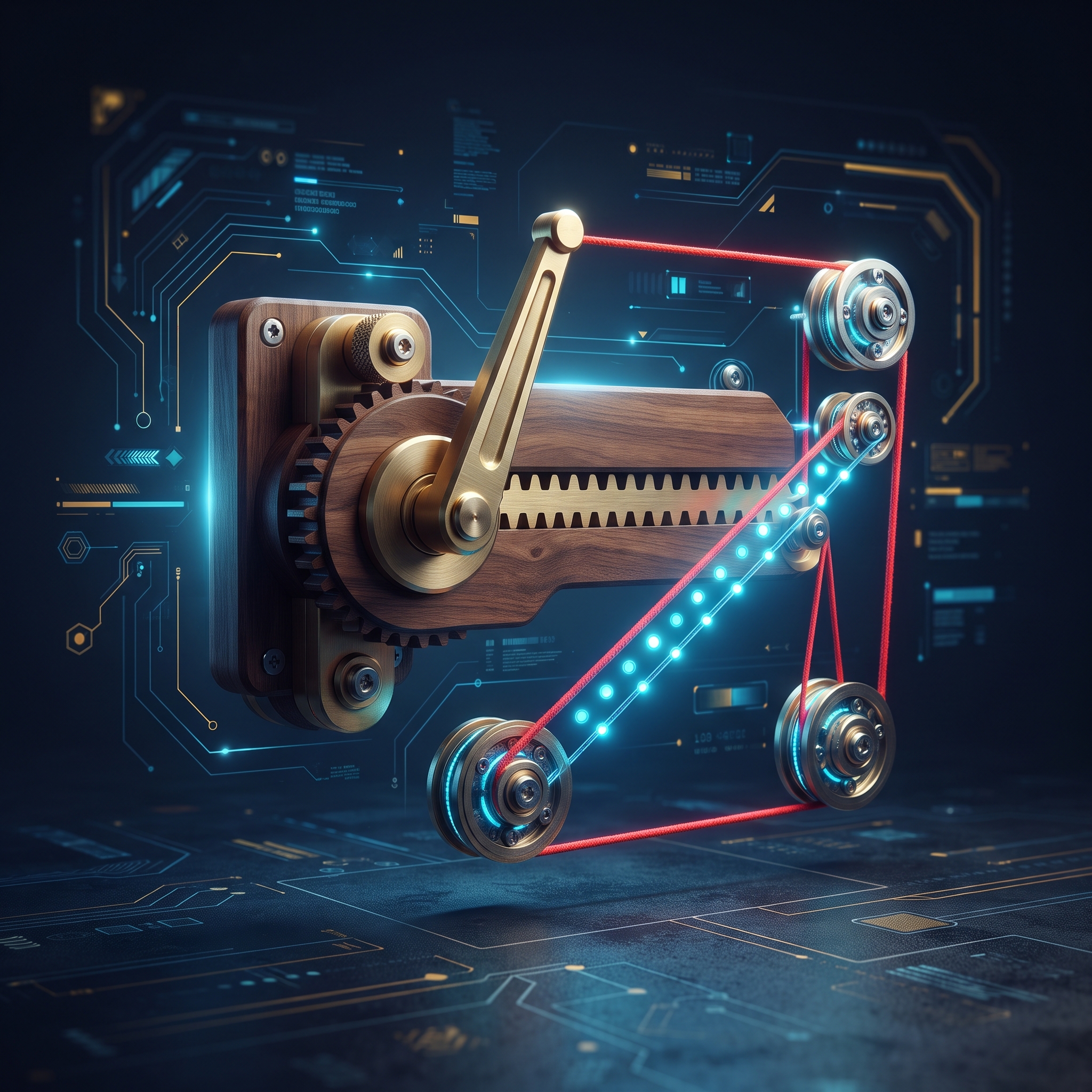 A wooden gear rack with a brass lever pulling a red string that lights up a series of tiny pulleys - AI Precision Marketing