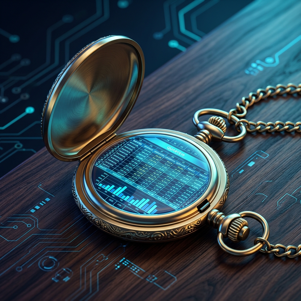 A polished brass pocket watch opened to reveal a tiny spreadsheet page on a dark walnut desk - AI Precision Marketing