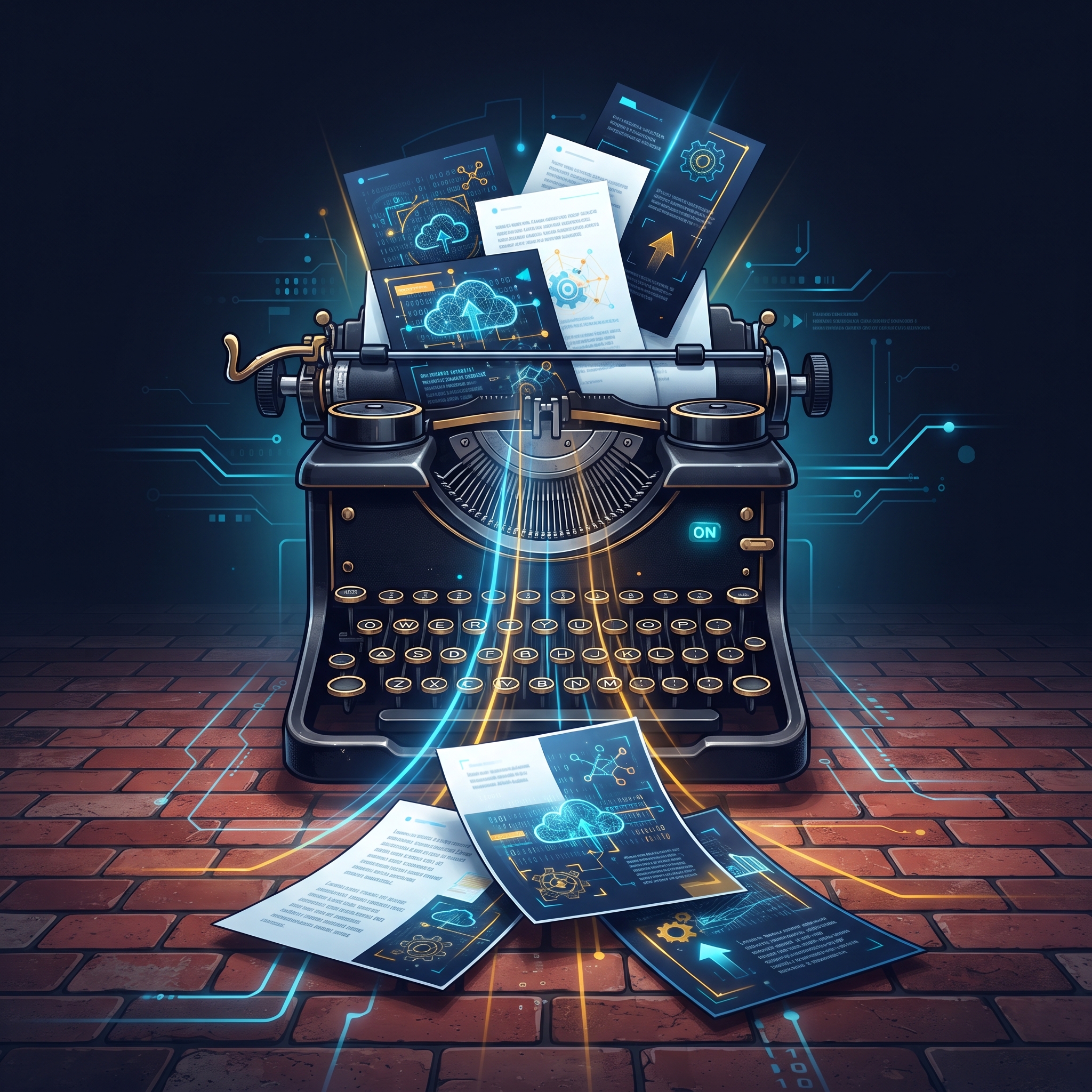 A vintage typewriter with freshly printed flyers spilling out onto a red brick floor - AI Precision Marketing