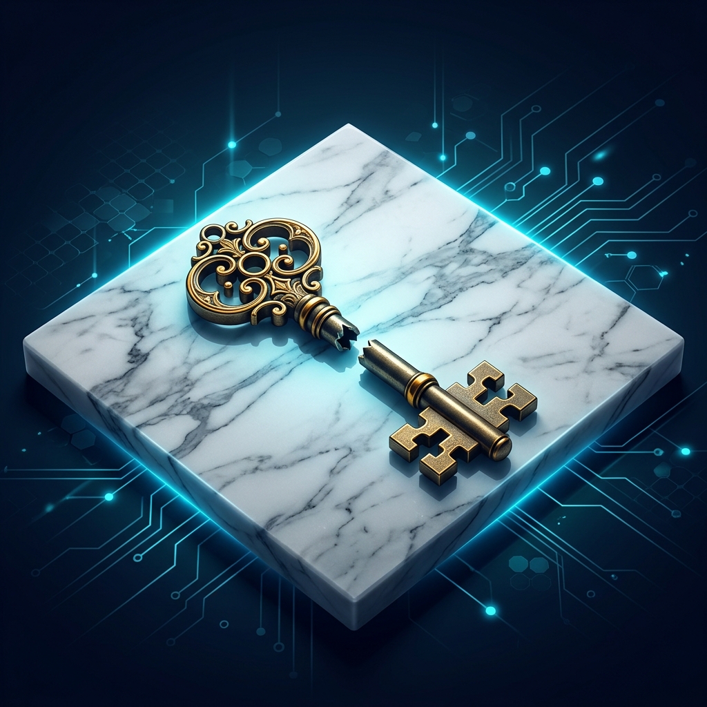 An ornate brass key split in half on a polished marble slab - AI Precision Marketing