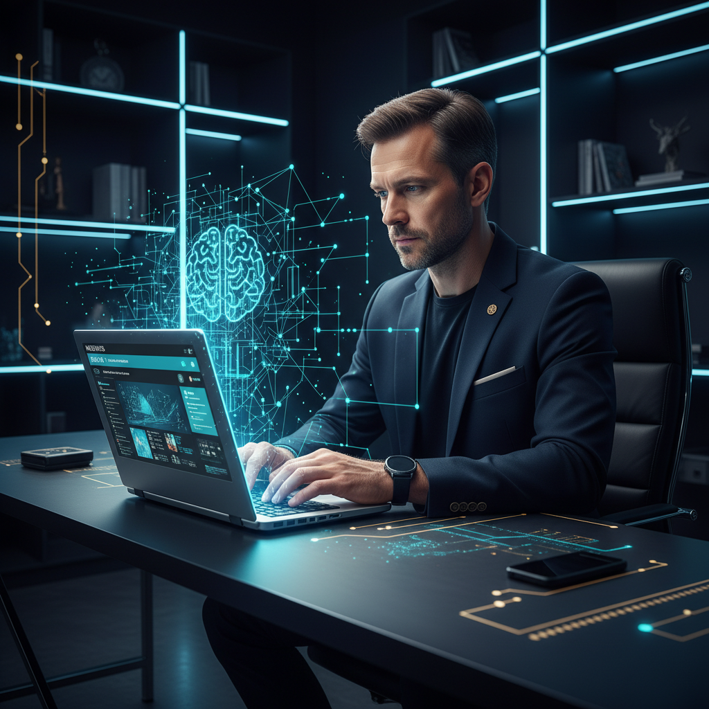 Modern entrepreneur at a sleek desk, laptop open with a news feed, a subtle AI visual overlay, cl... - AI Precision Marketing
