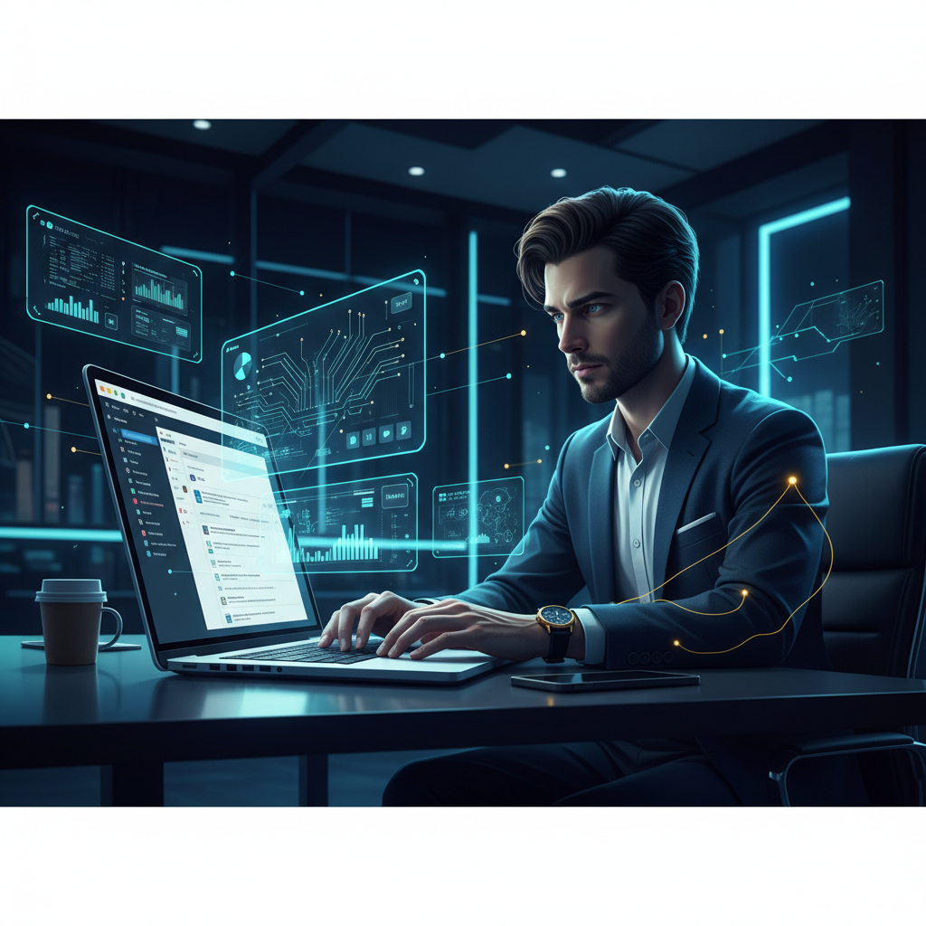 Clean Notion workspace on a laptop screen, subtle AI interface elements, person working productiv... - AI Precision Marketing