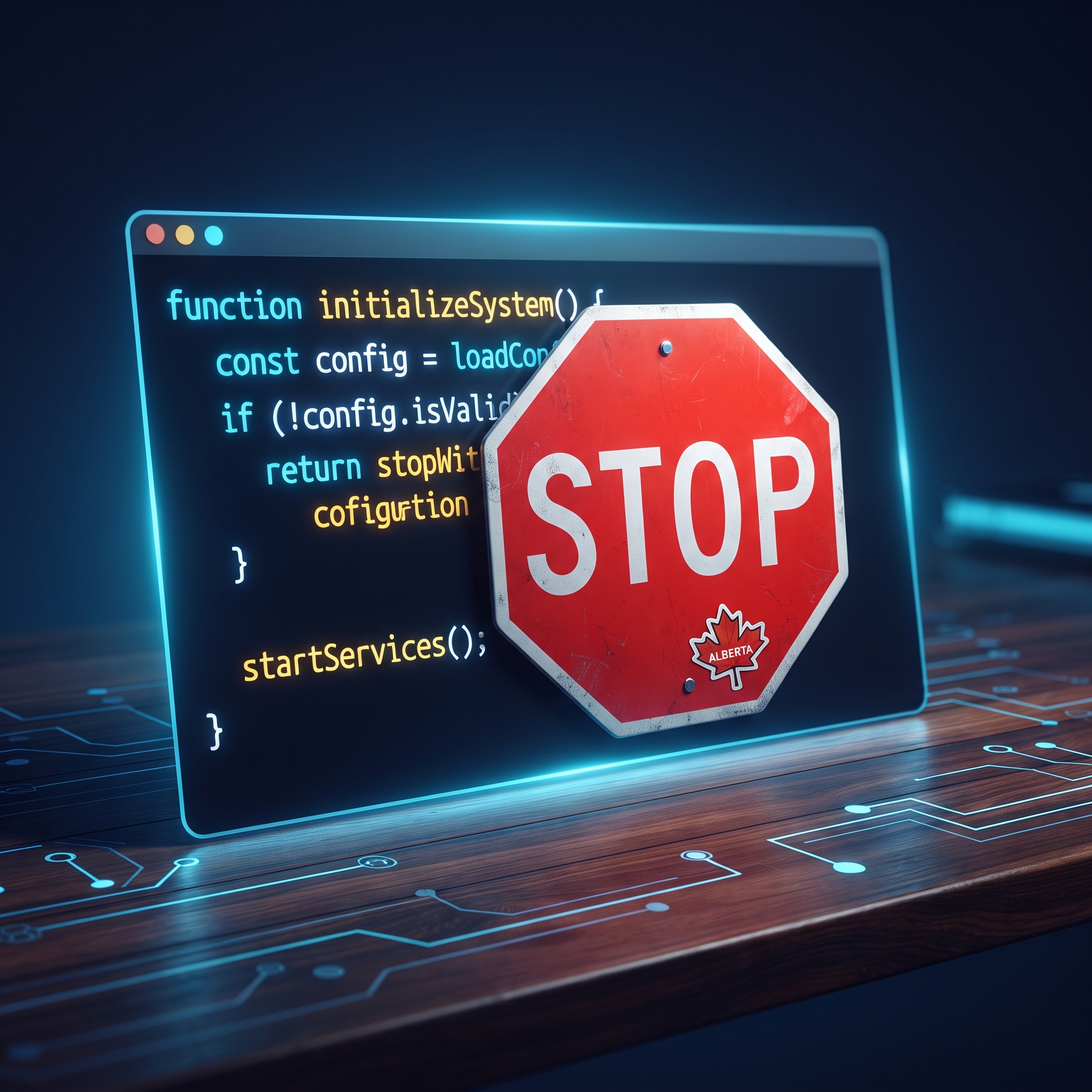 A red stop sign slapped onto a glowing code snippet on a wooden desk, with a small Alberta maple... - AI Precision Marketing