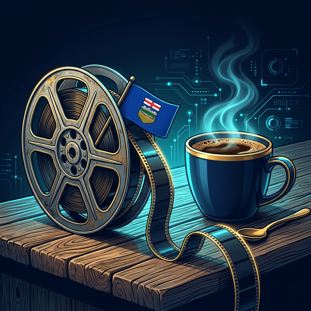 A vintage film reel unwinding onto a wooden countertop beside a steaming cup of coffee, with a sm... - AI Precision Marketing