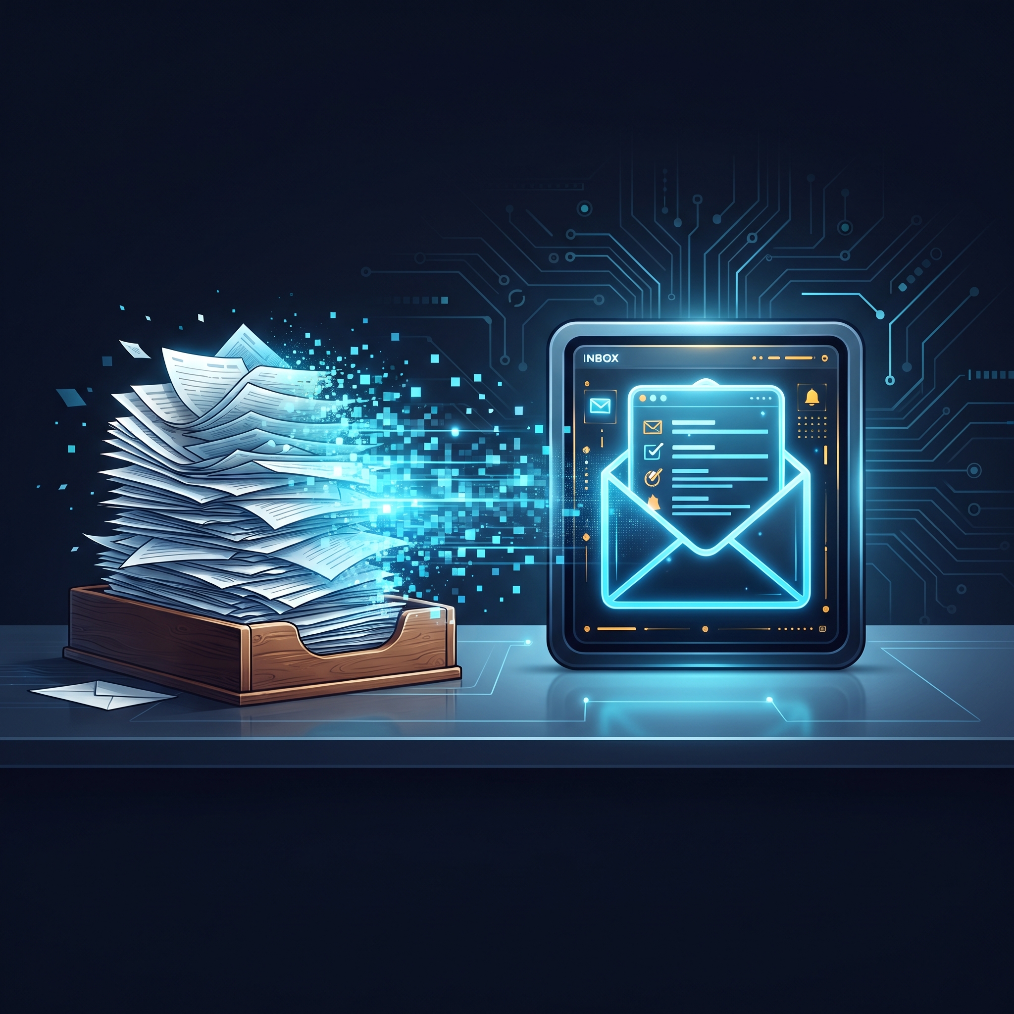 An old-fashioned wooden inbox tray overflowing with paper letters, being digitally swept away and... - AI Precision Marketing