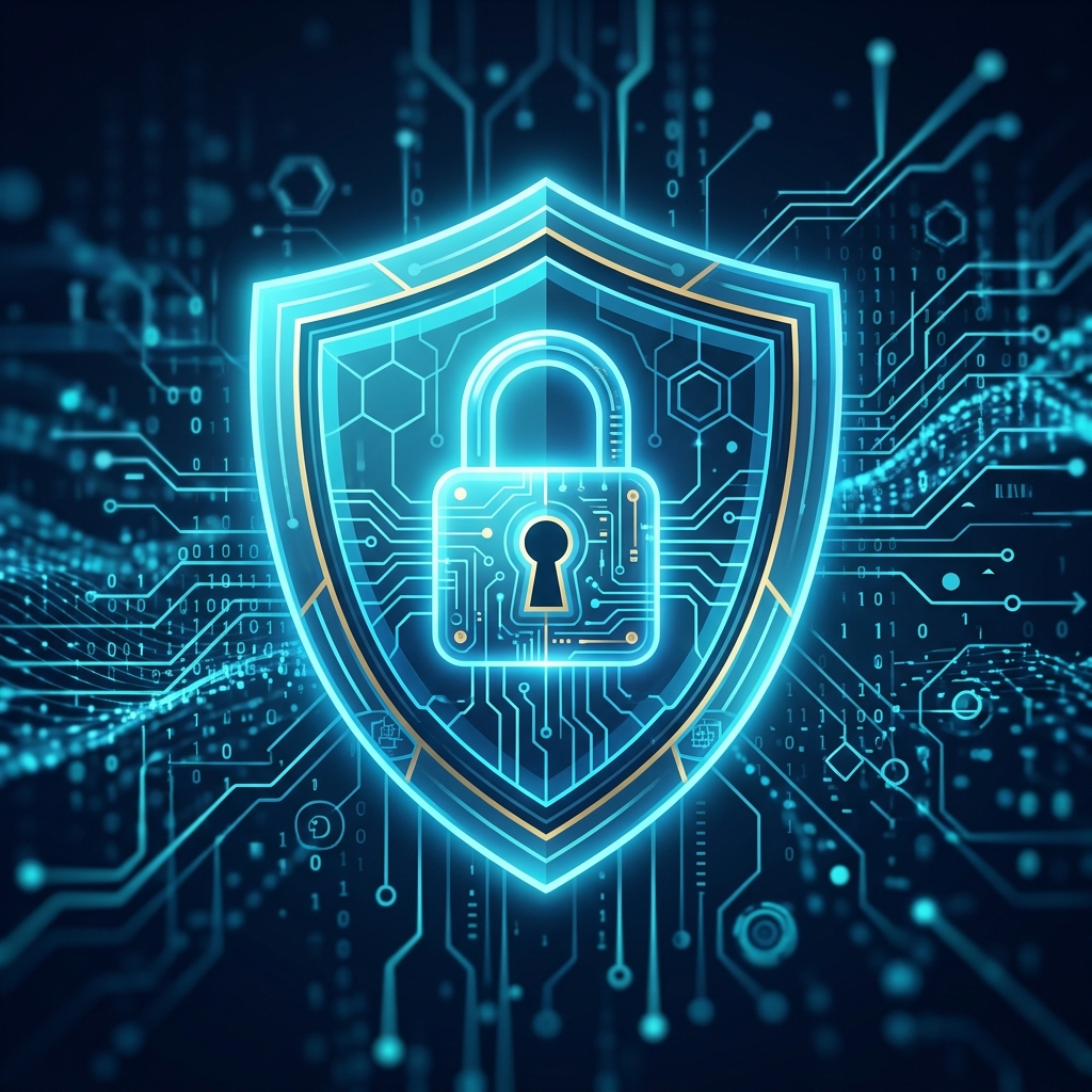 A stylized shield symbol with a digital lock icon, glowing softly, against a dark, slightly blurr... - AI Precision Marketing