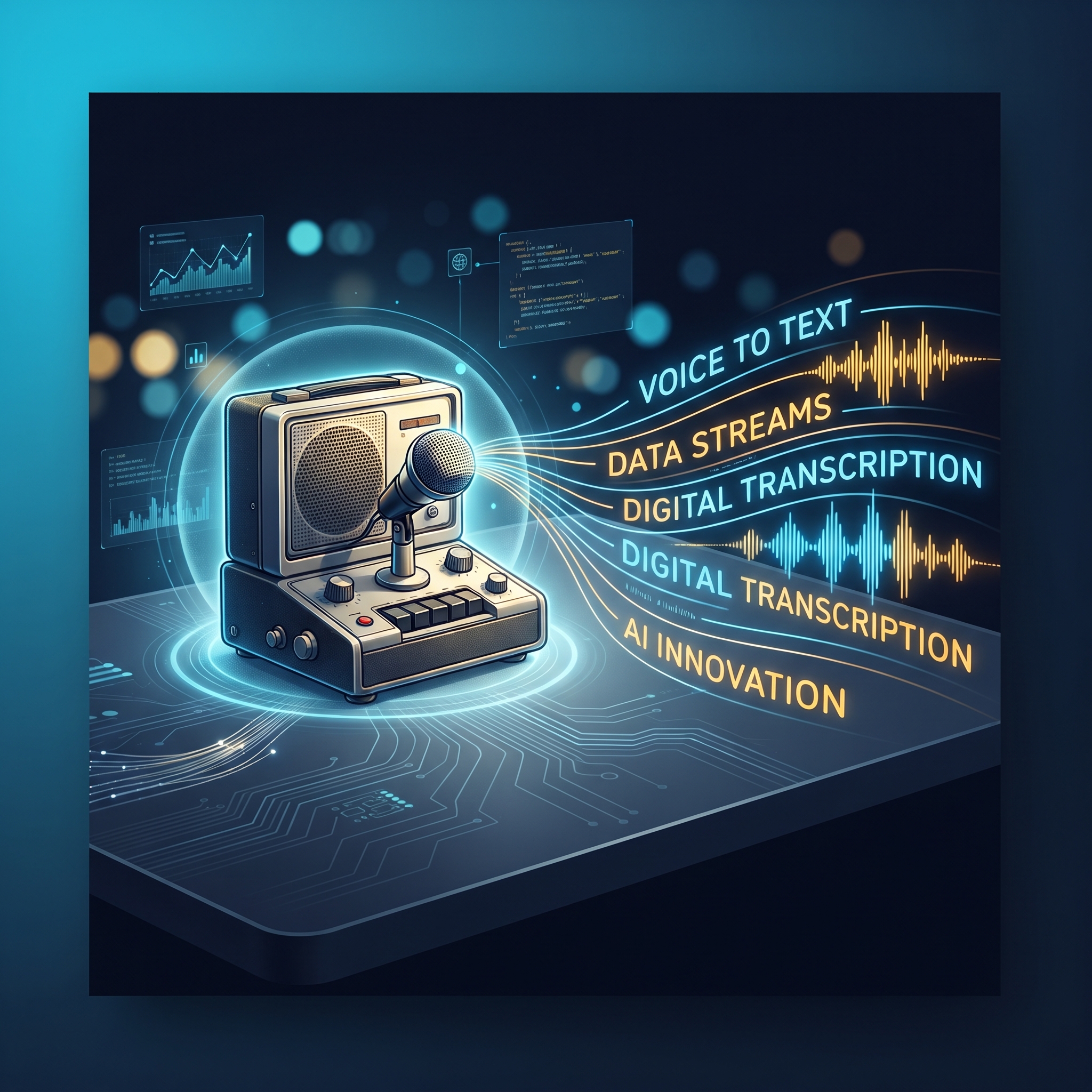 A vintage dictaphone machine, gently glowing with a soft digital aura, converting sound waves int... - AI Precision Marketing