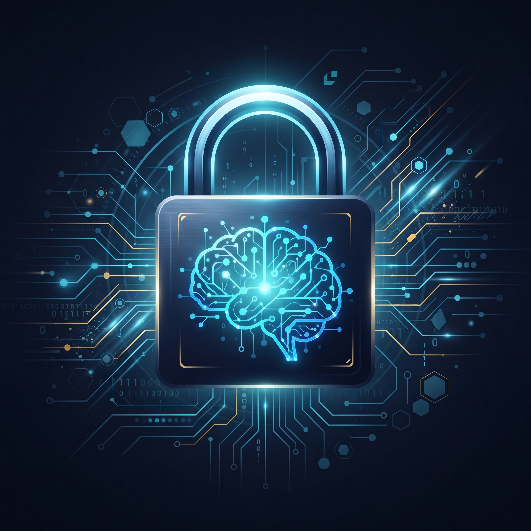 A digital padlock with a stylized, glowing brain symbol inside, overlaid on a network of subtle l... - AI Precision Marketing