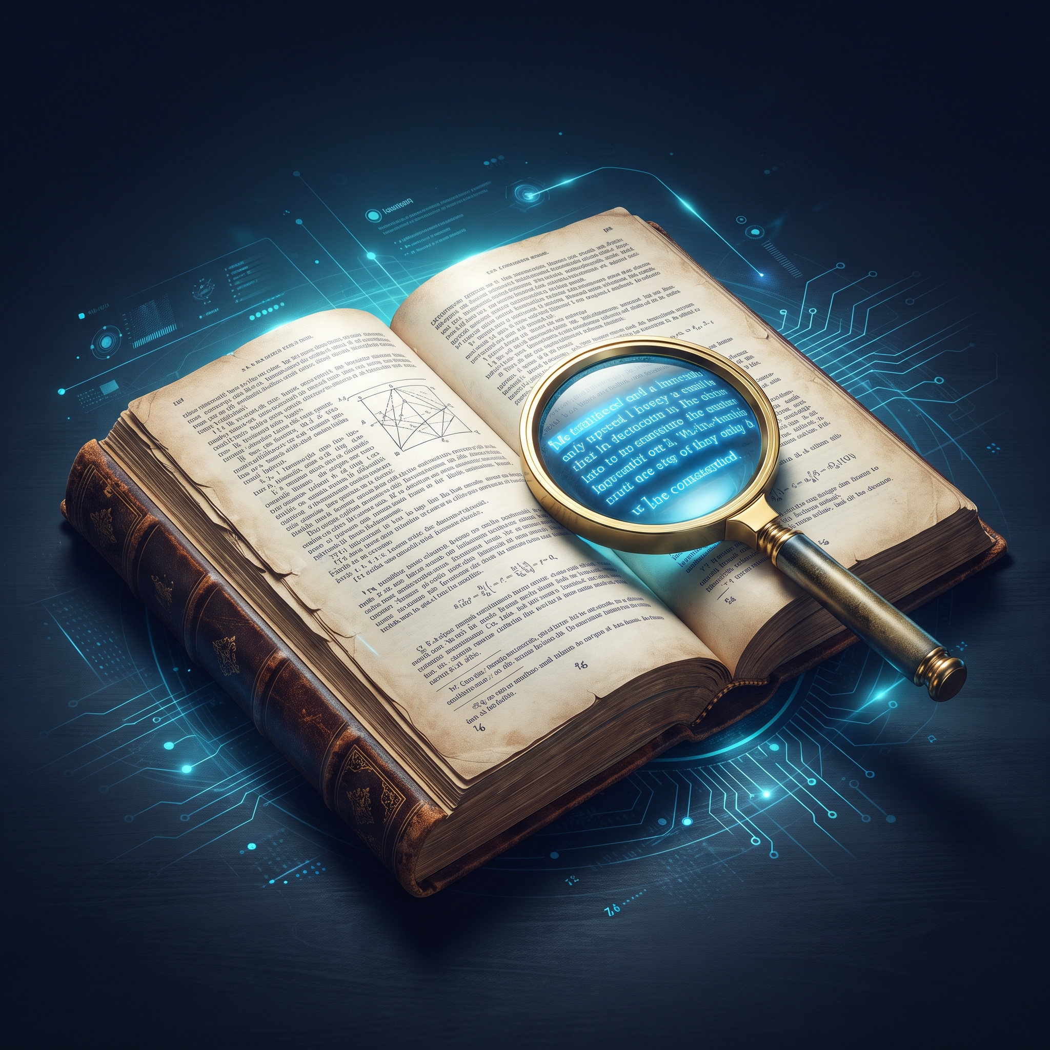 An open, antique leather-bound book with a magnifying glass resting on a page, revealing highligh... - AI Precision Marketing