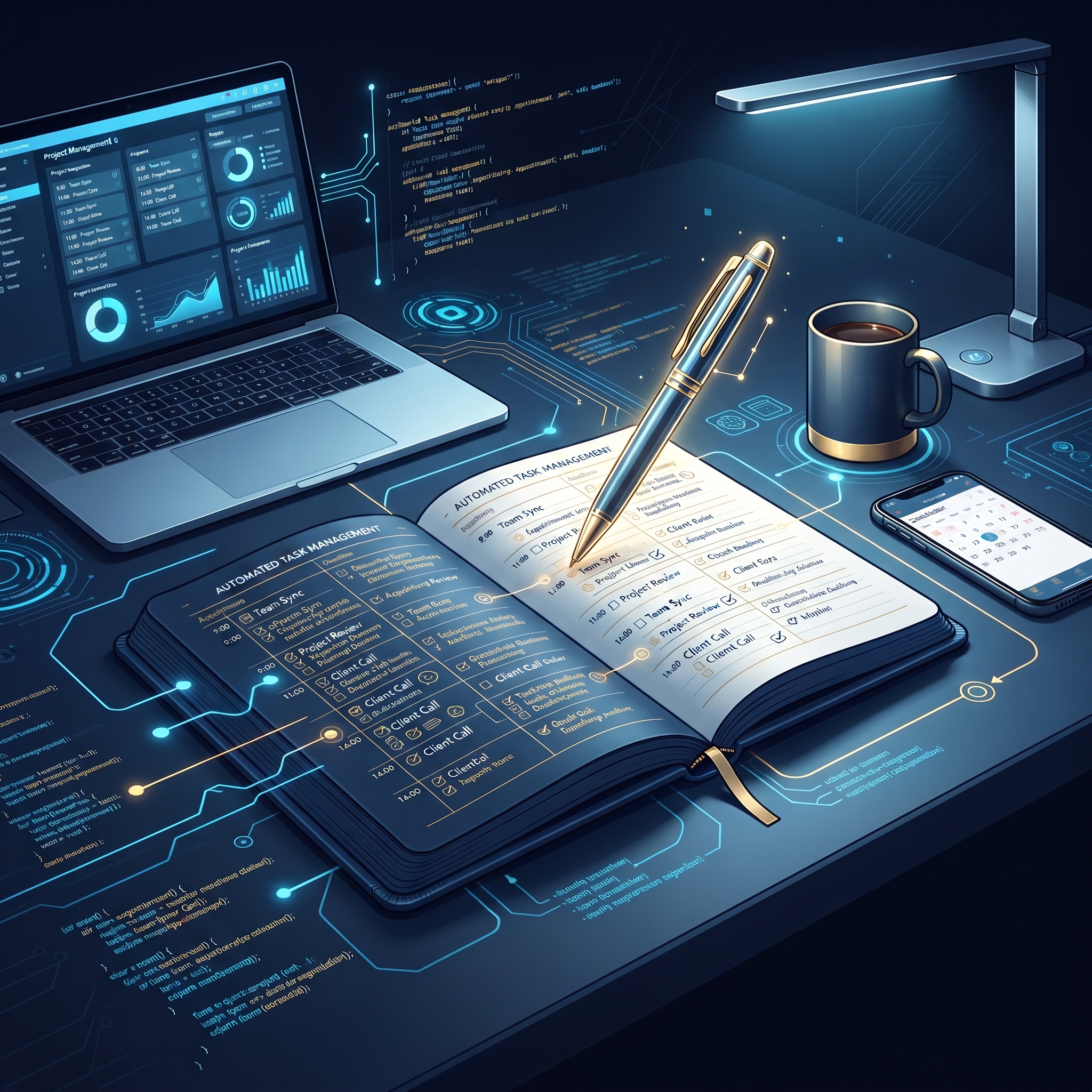A neatly organized digital desk environment with a physical planner open to a full schedule, and... - AI Precision Marketing