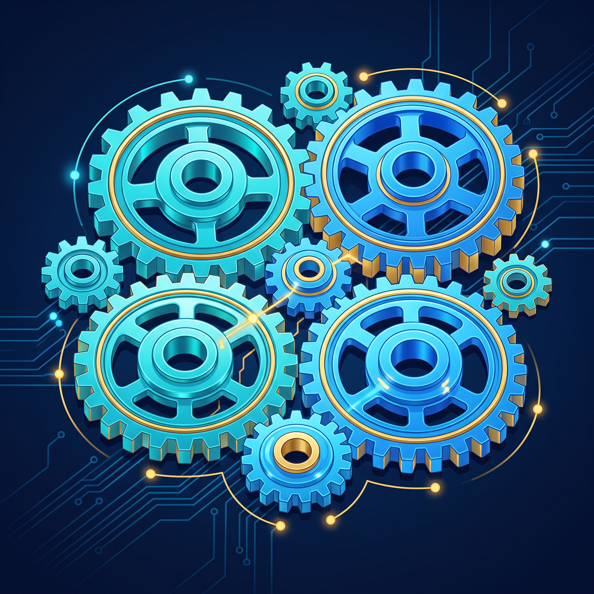 A set of brightly colored, interlocking gears smoothly turning, symbolizing efficient and integra... - AI Precision Marketing