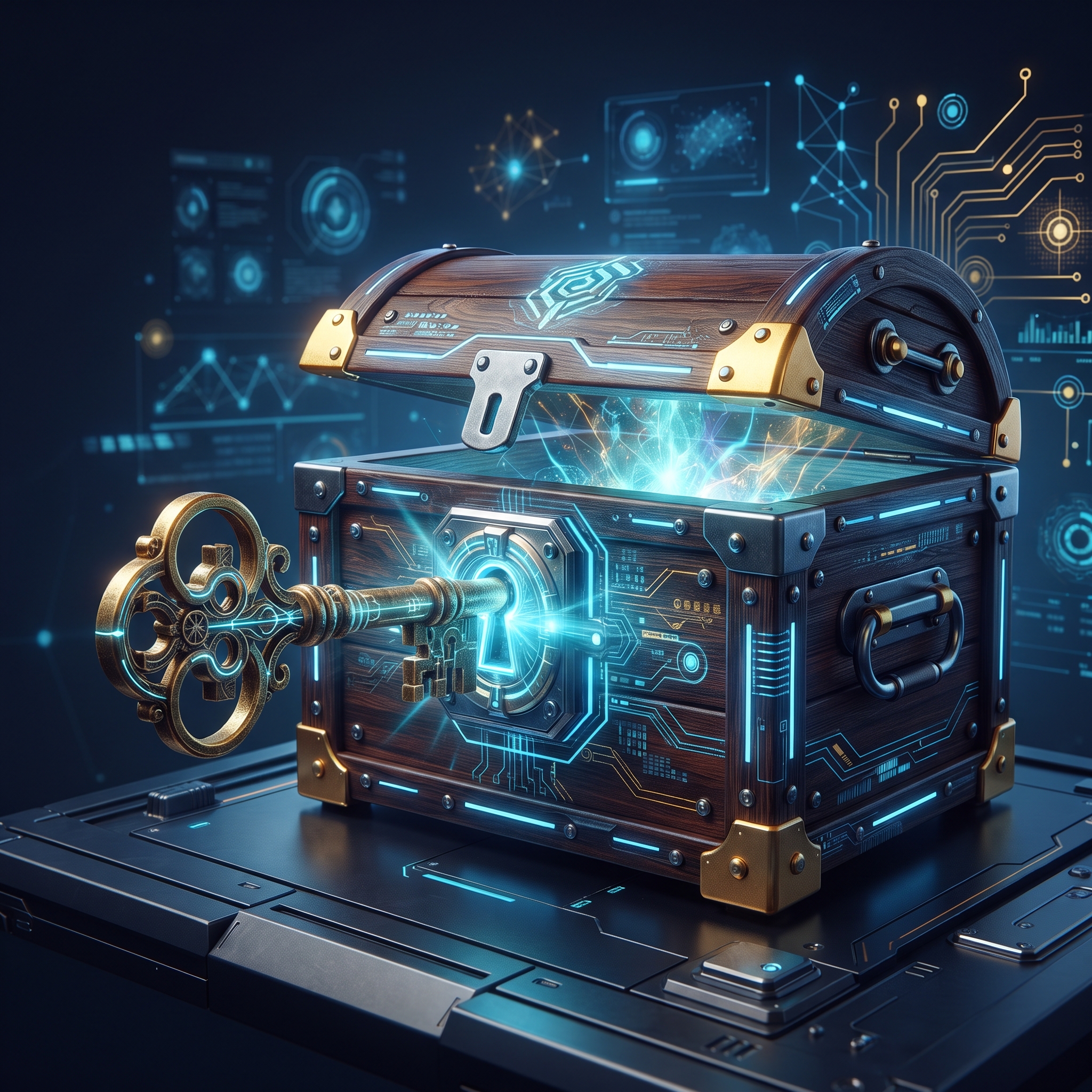 An ornate brass key unlocking a sturdy, custom-built wooden chest, signifying ownership and tailo... - AI Precision Marketing