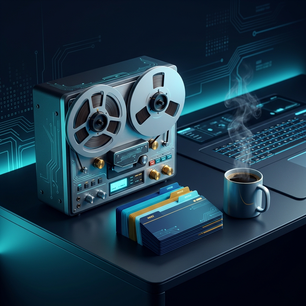 A vintage tape recorder sitting on a clean, minimalist desk next to a stack of neatly organized,... - AI Precision Marketing