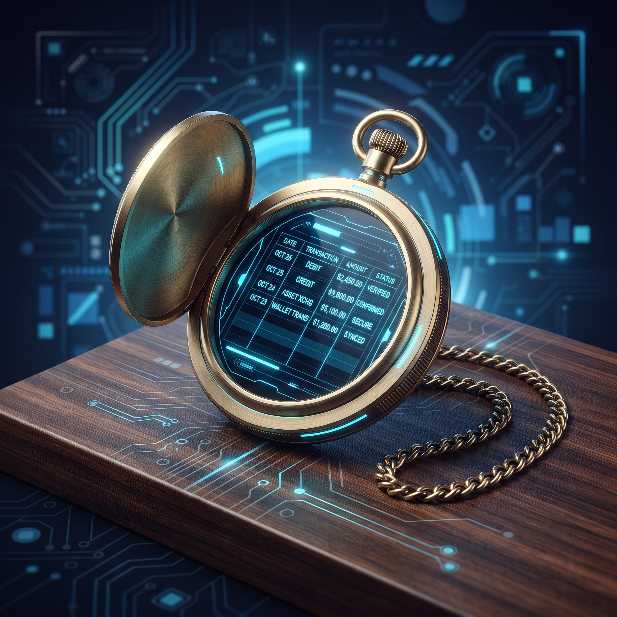 A sleek brass pocket watch opened to reveal a tiny ledger page inside, sitting on a wooden counte... - AI Precision Marketing